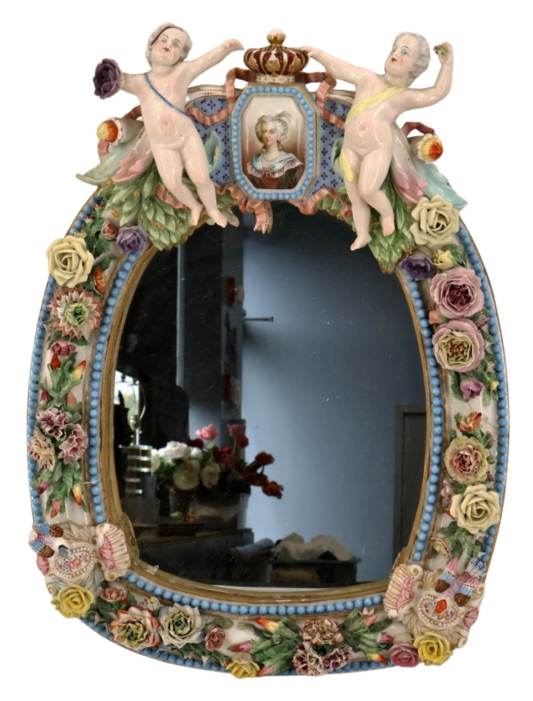 MEISSEN Ornate Porcelain Mirror with Flowers.