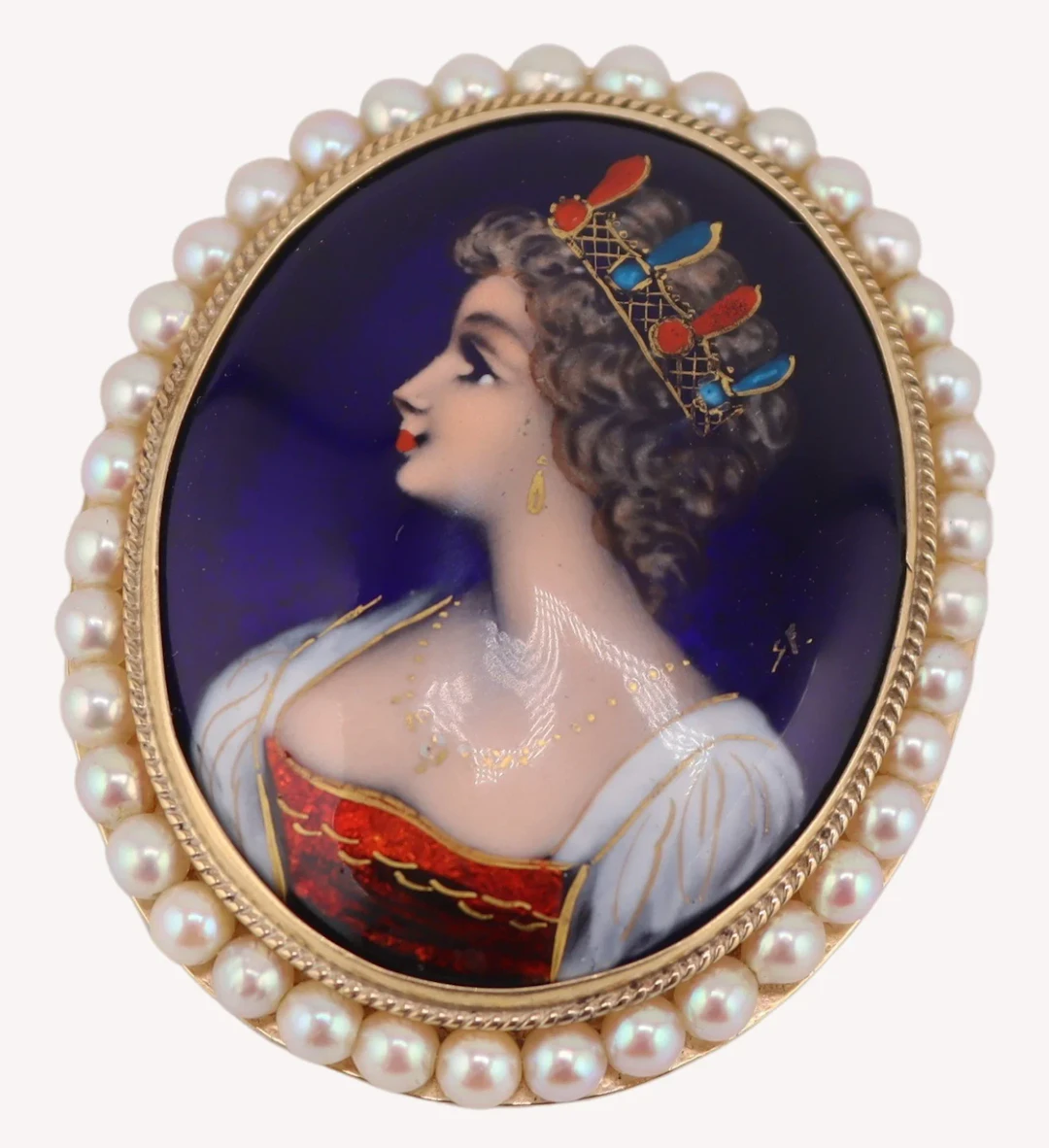 JEWELRY. 14kt Gold, Enamel and Pearl Brooch or