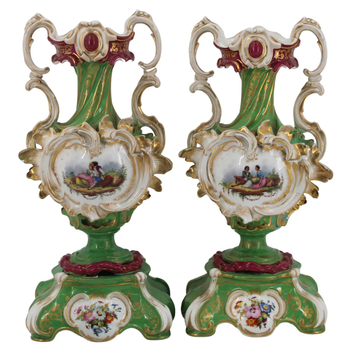 Near Pair of Apple Green Scroll Work Vases.