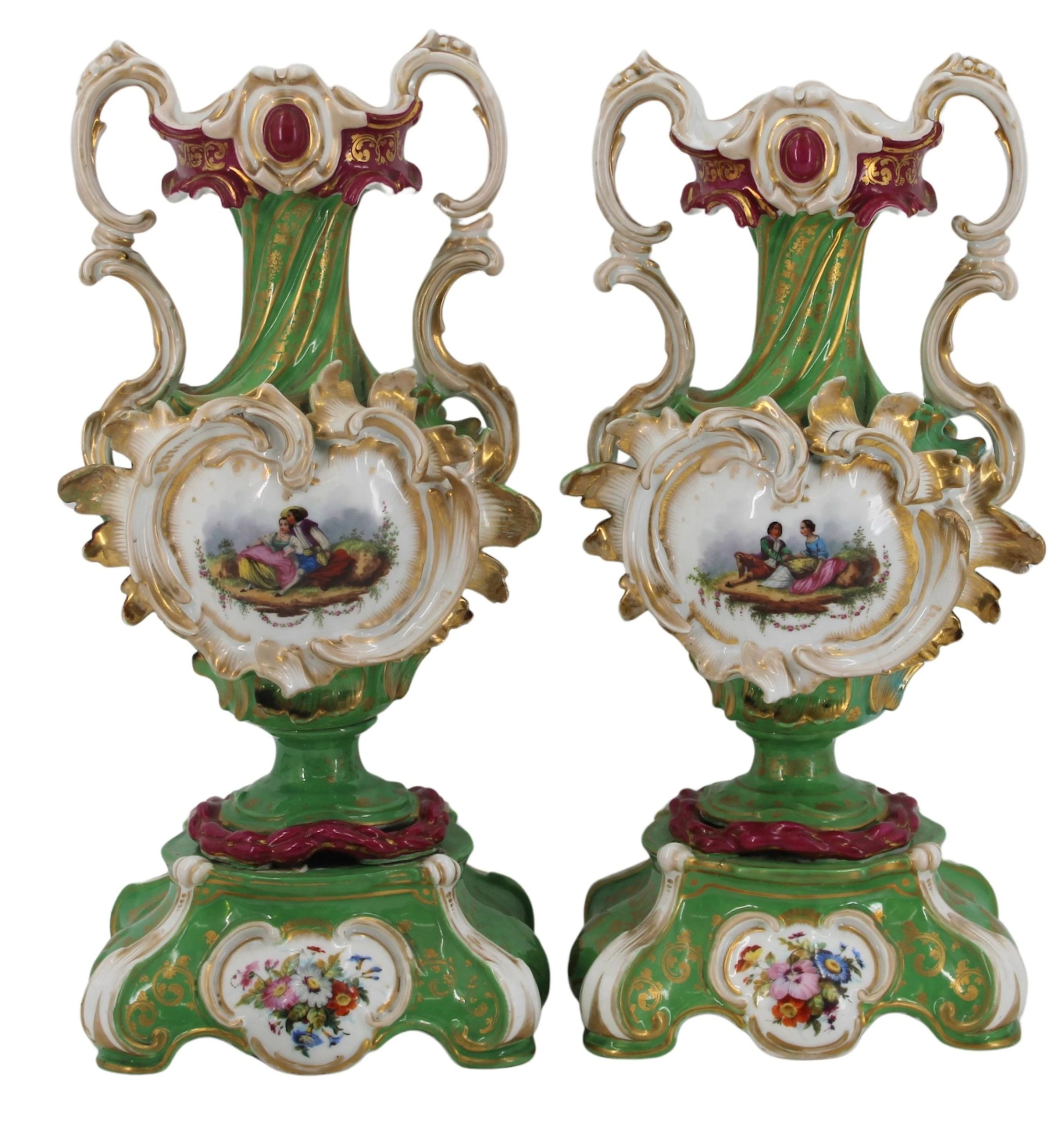 Near Pair of Apple Green Scroll Work Vases.