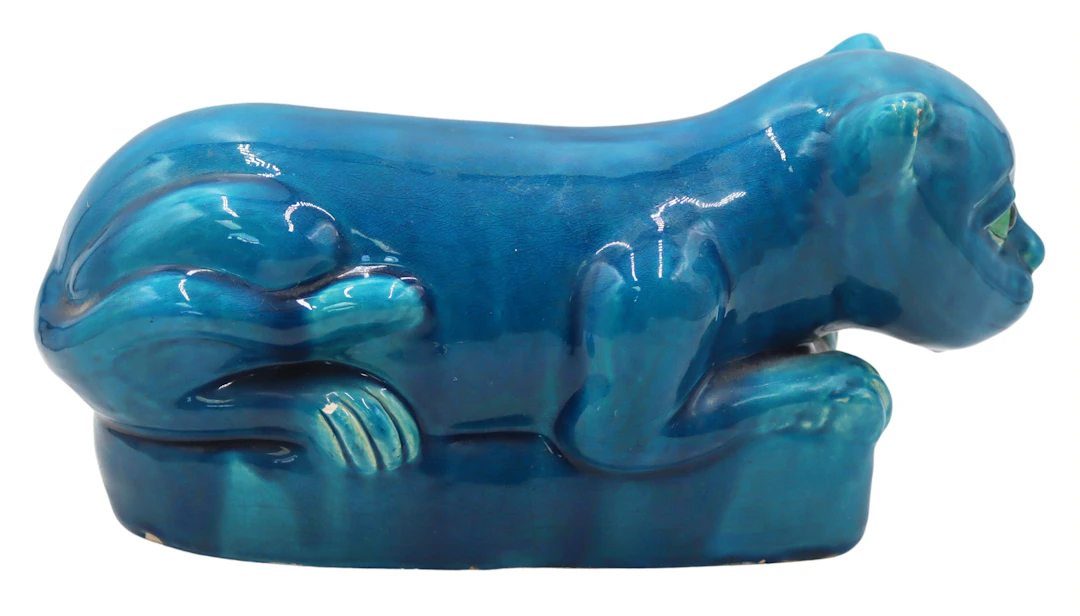 Chinese Blue Glazed Cat Form Opium Pillow.