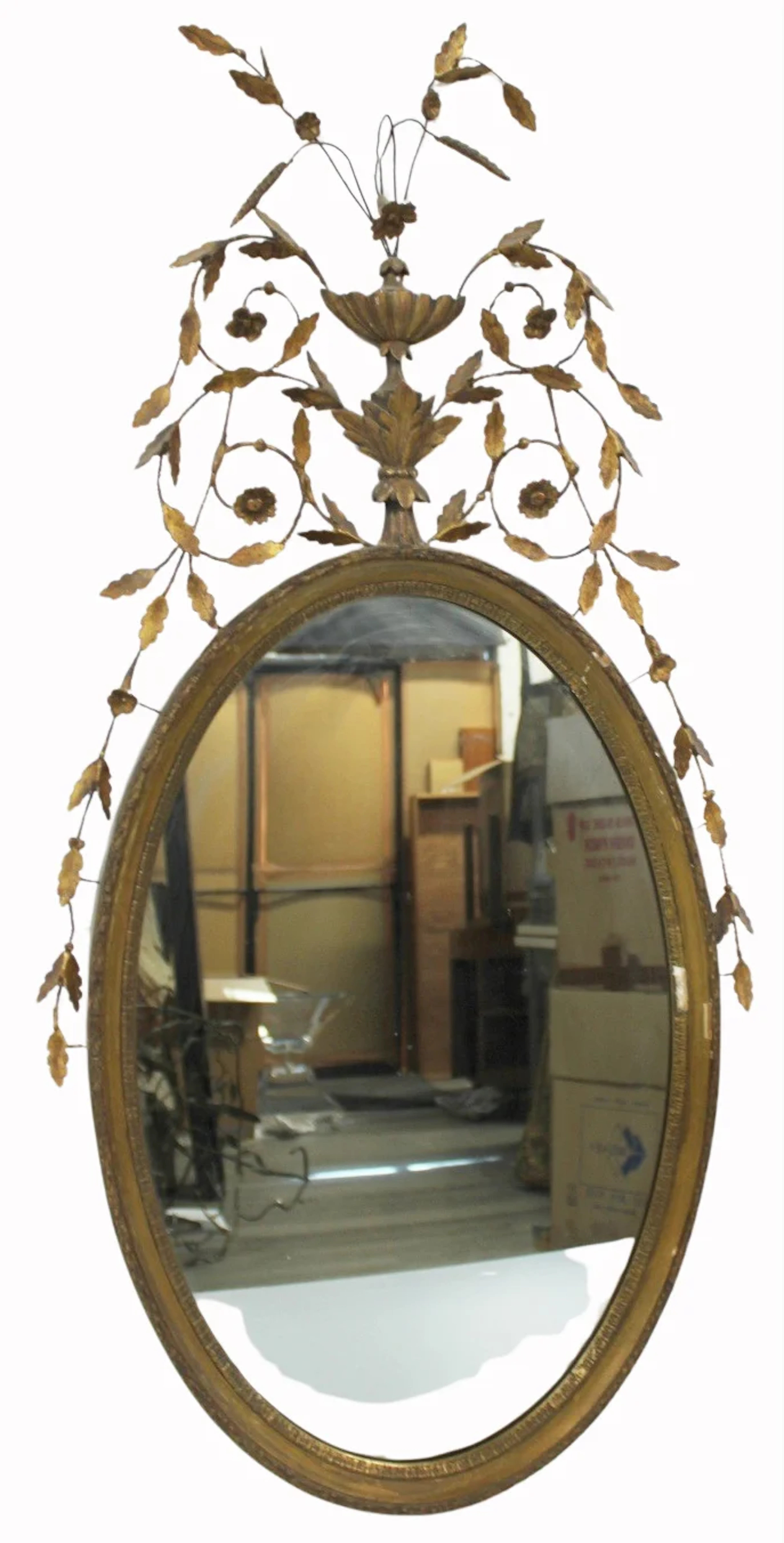Antique Giltwood Mirror with Ornate Crown.