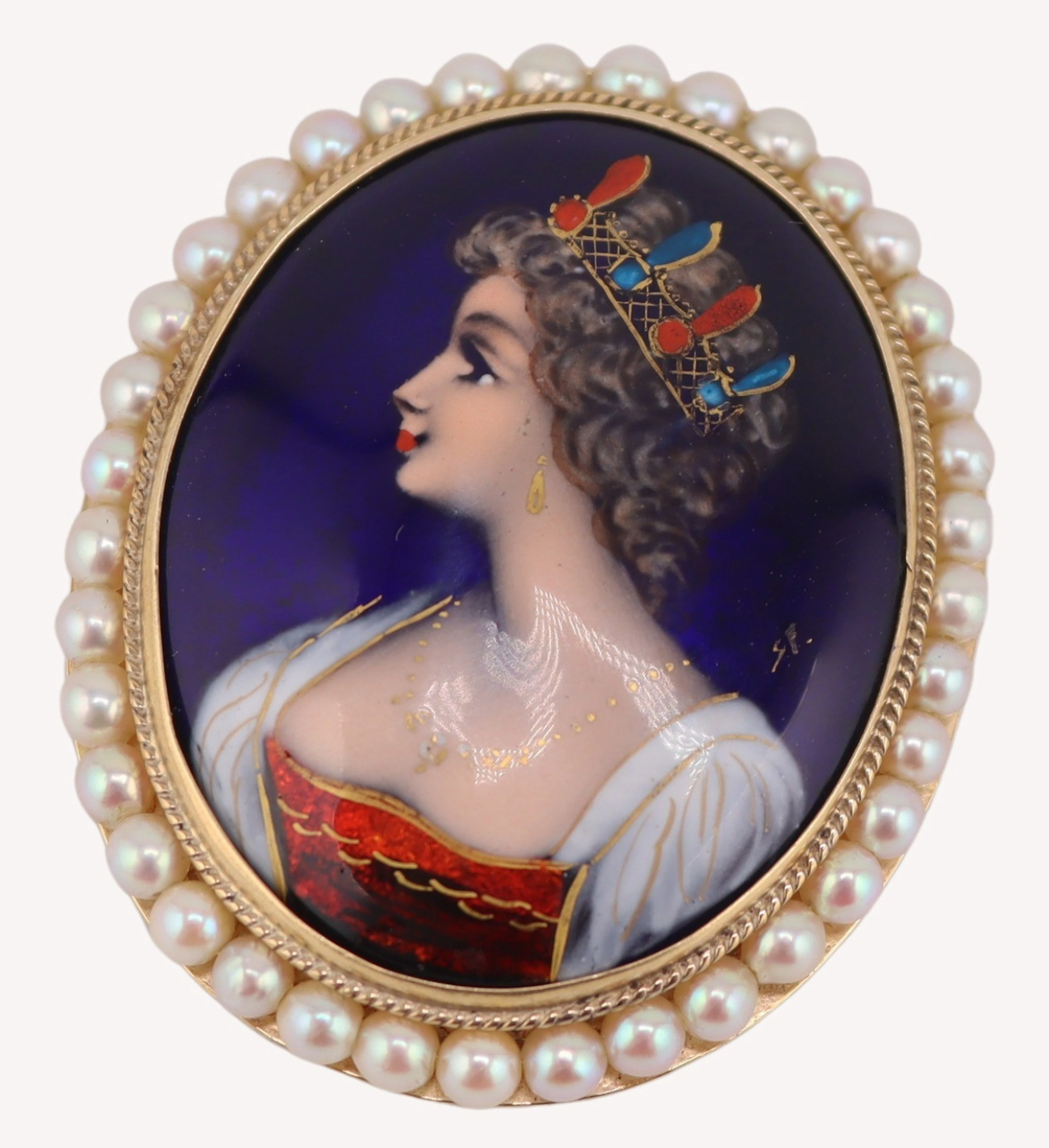 JEWELRY. 14kt Gold, Enamel and Pearl Brooch or