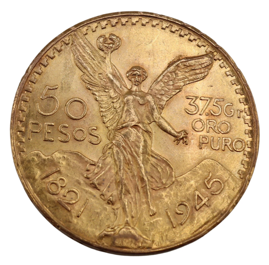 BULLION. 1945 50 Pesos Mexican Gold Coin.