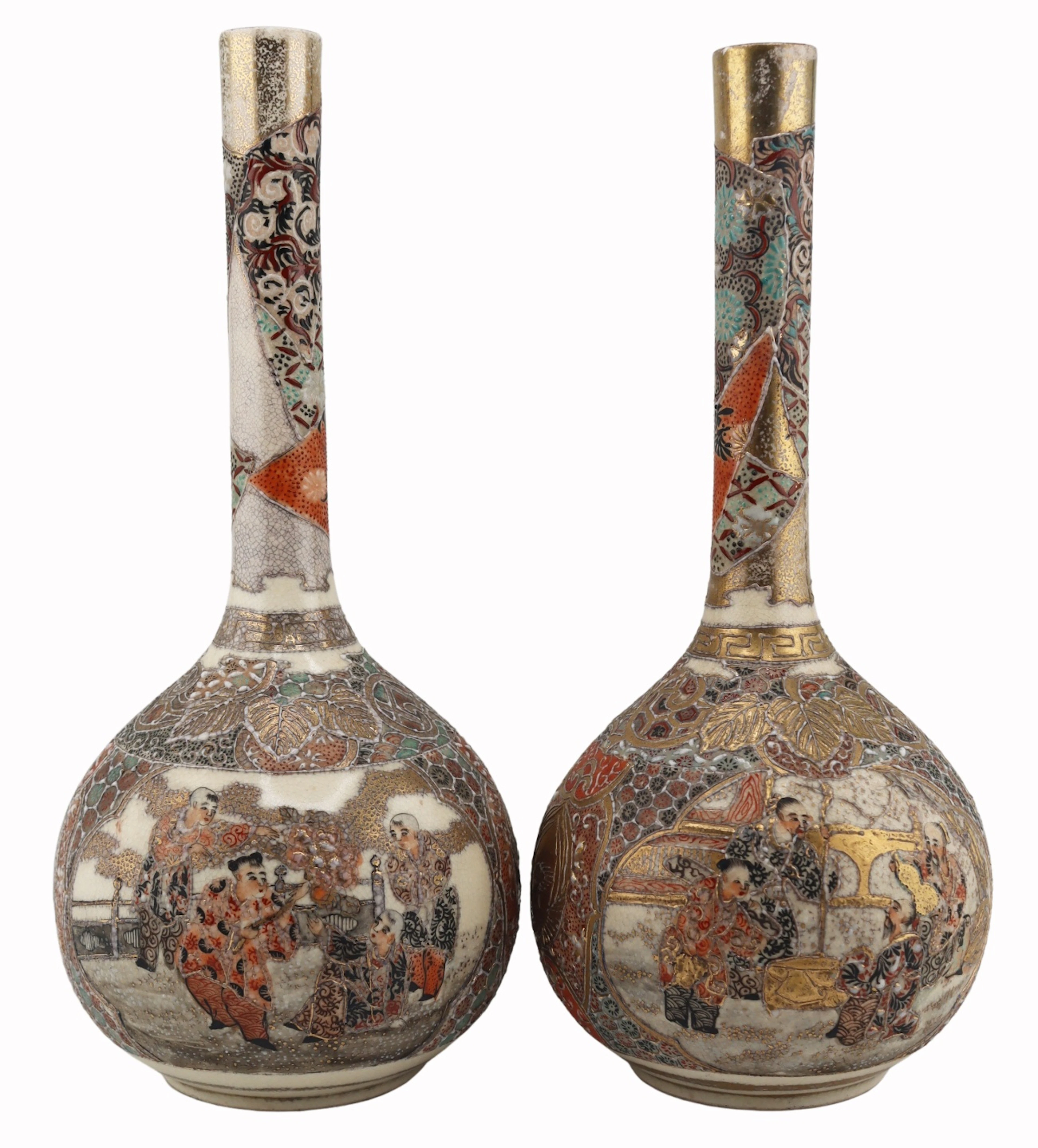 Pair of Japanese Satsuma Bottle Neck Vases.