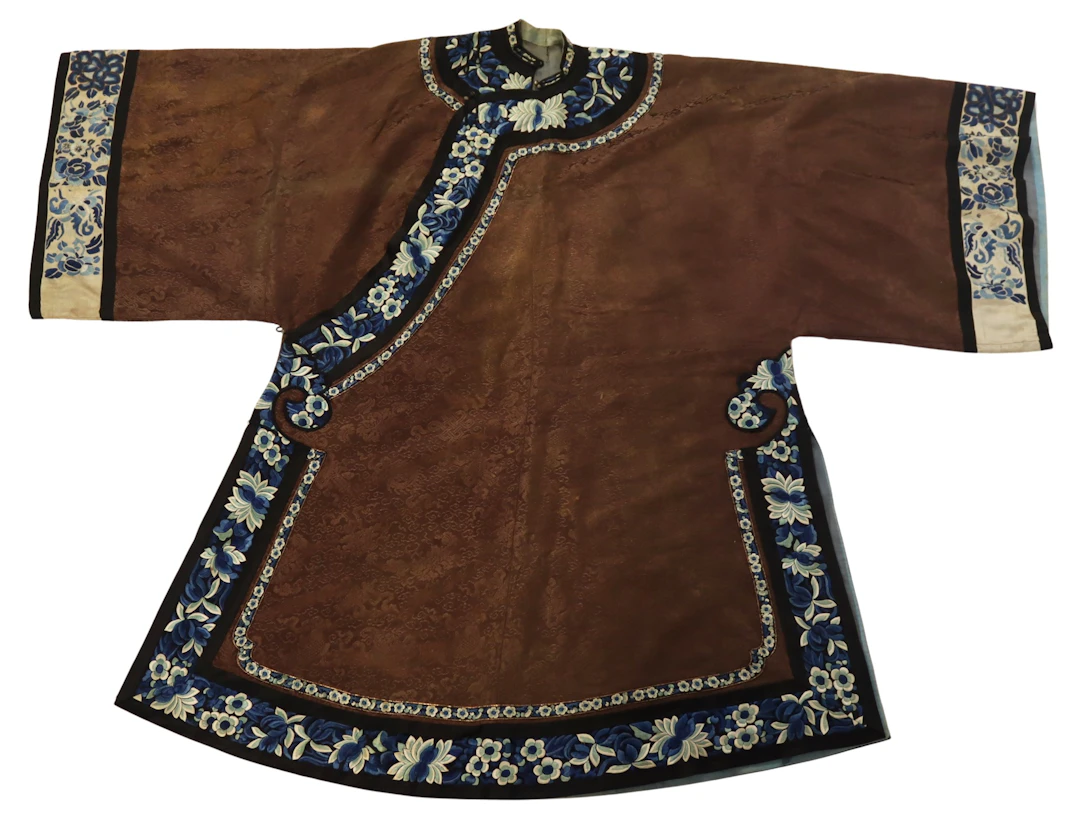 Chinese Floral Embroidered Brown Silk Robe.