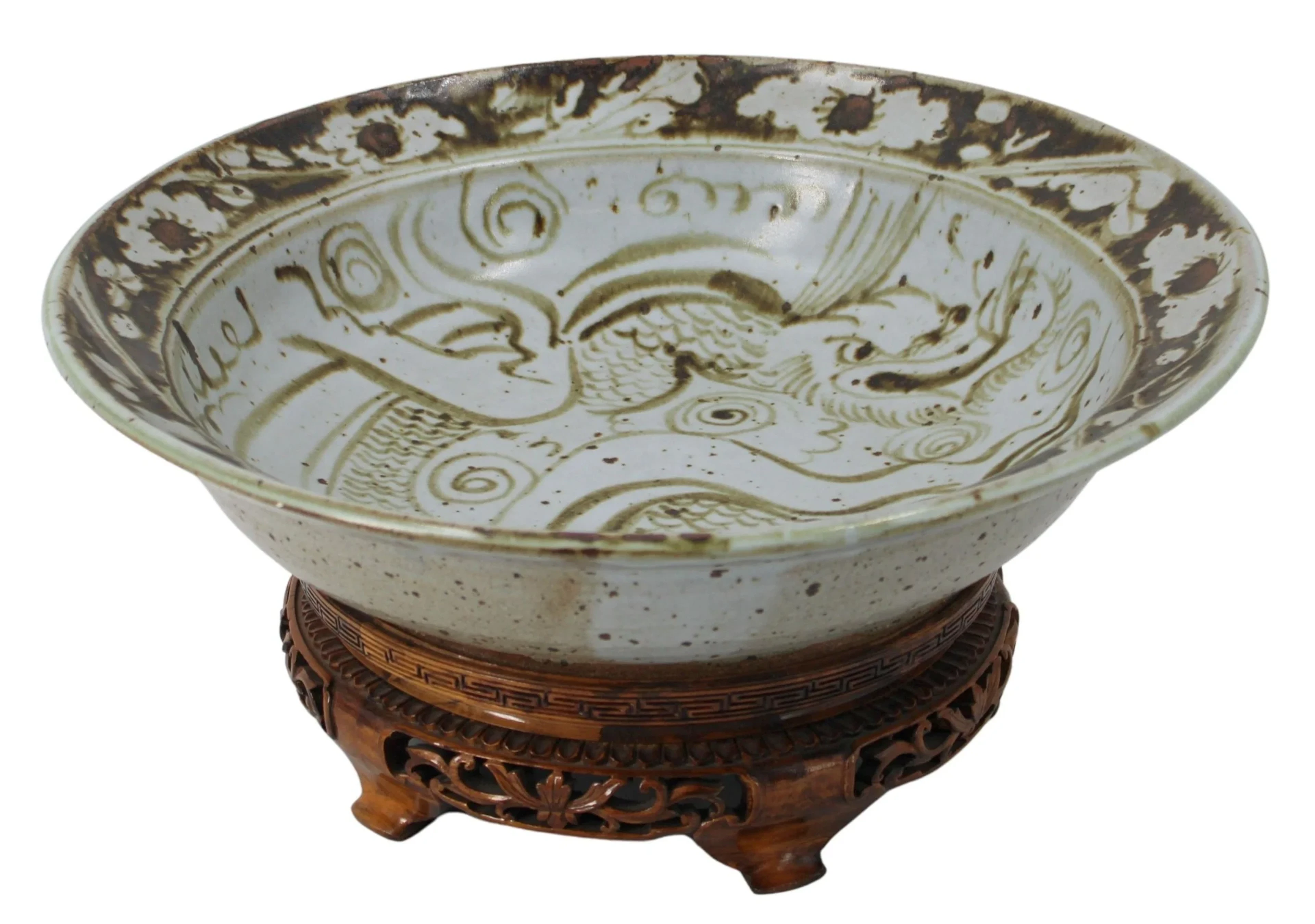 Asian Brown Glazed Bowl on Carved Wood Stand.
