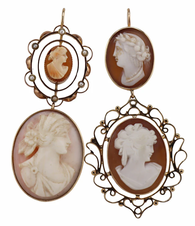 JEWELRY. Pair of Gold and Carved Cameo Earrings.