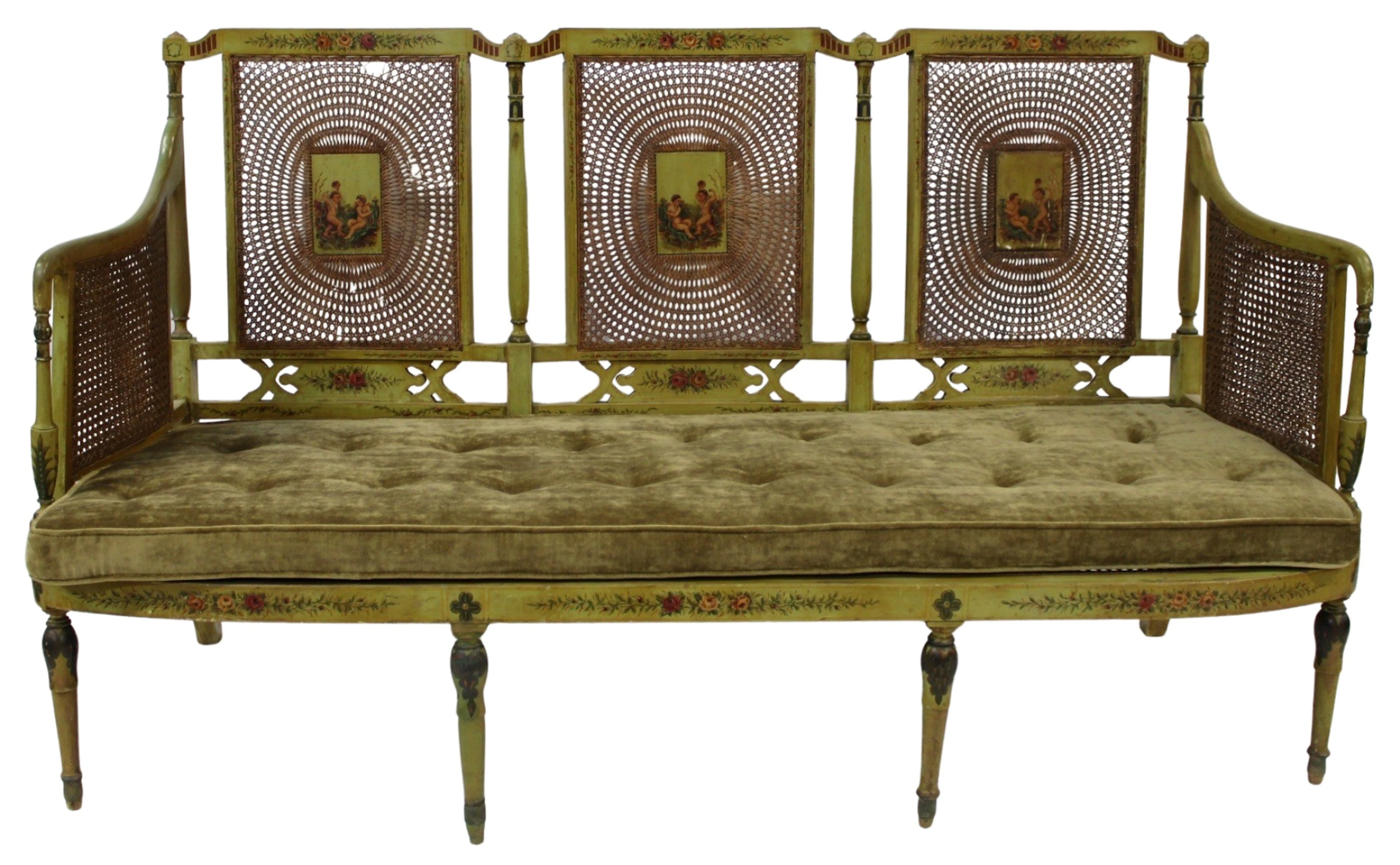 Antique Adams Style Paint Decorated Caned Settee.