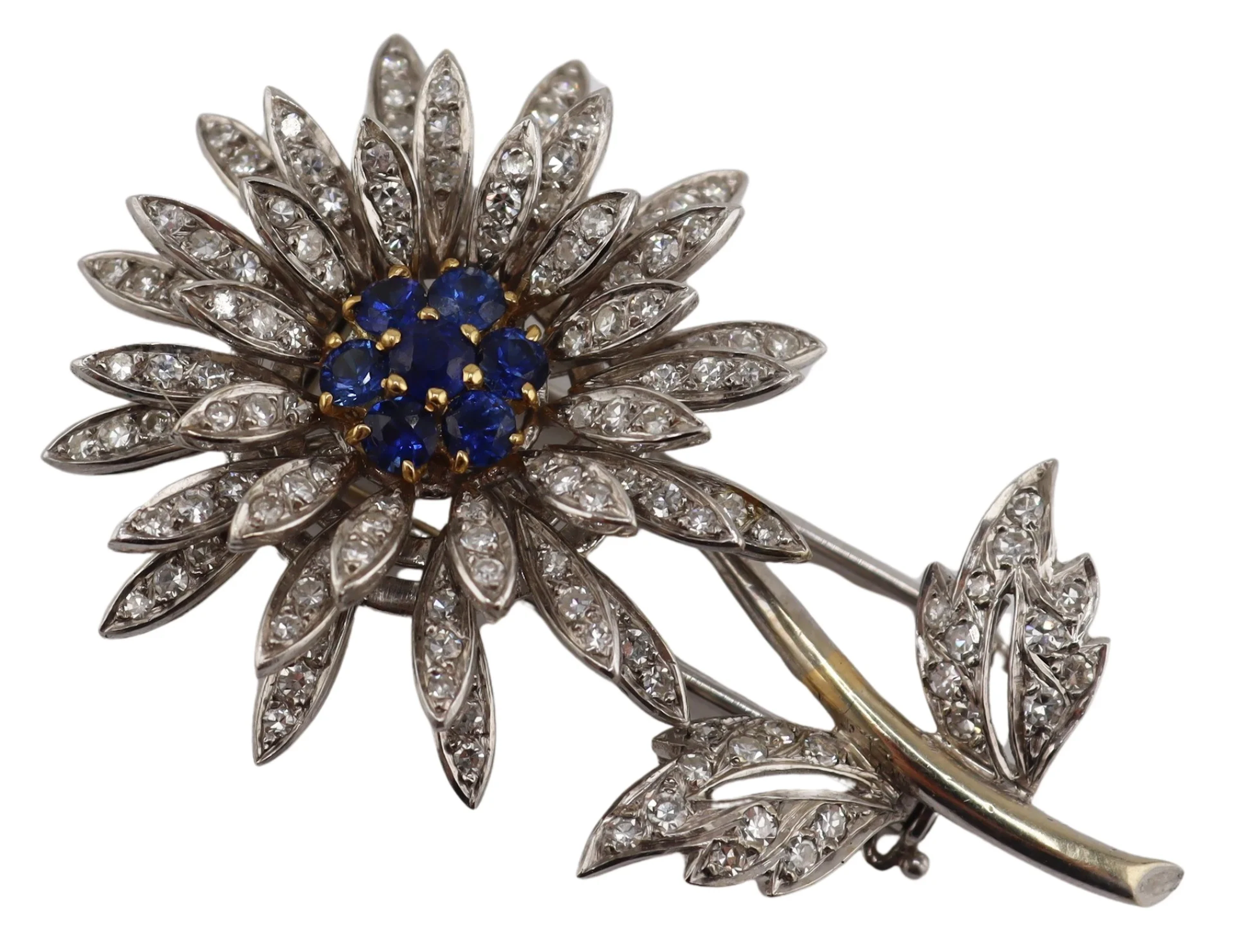 JEWELRY. 18kt Gold Diamond and Sapphire Brooch.