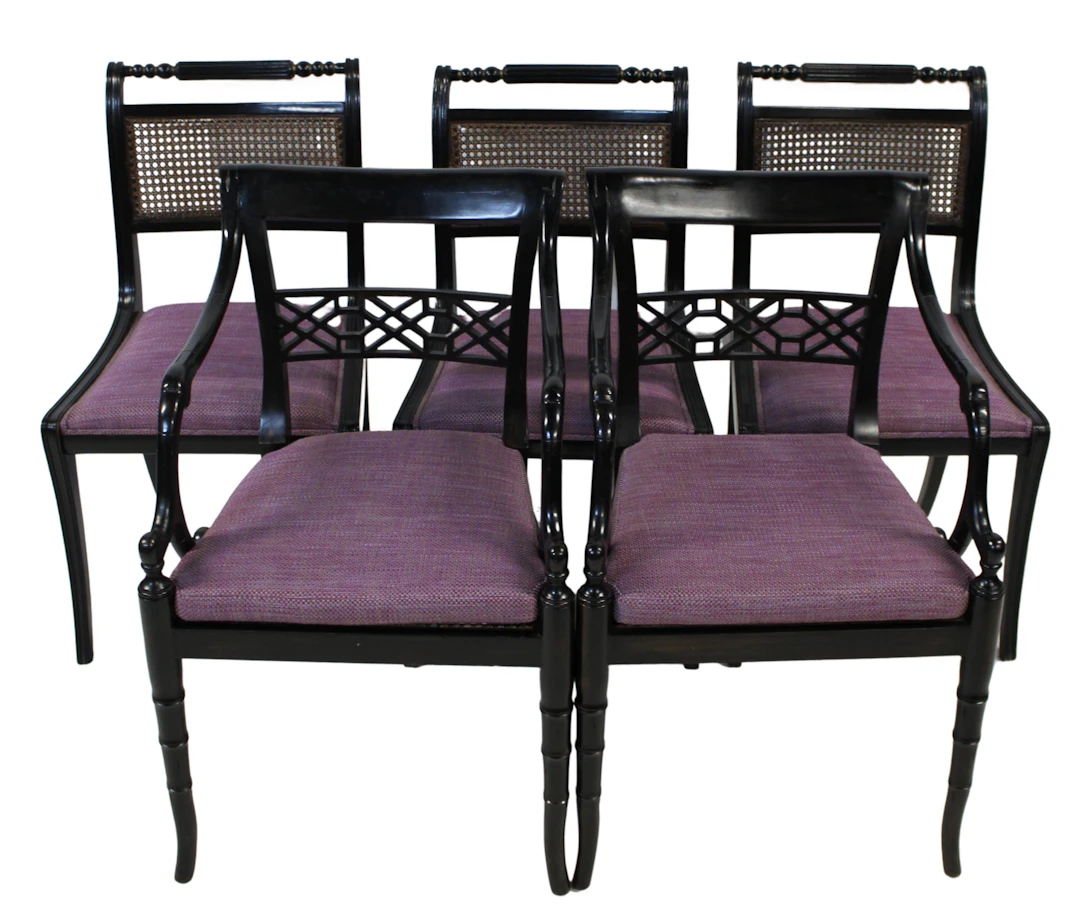 (5) Regency Style Ebonized Upholstered Chairs.