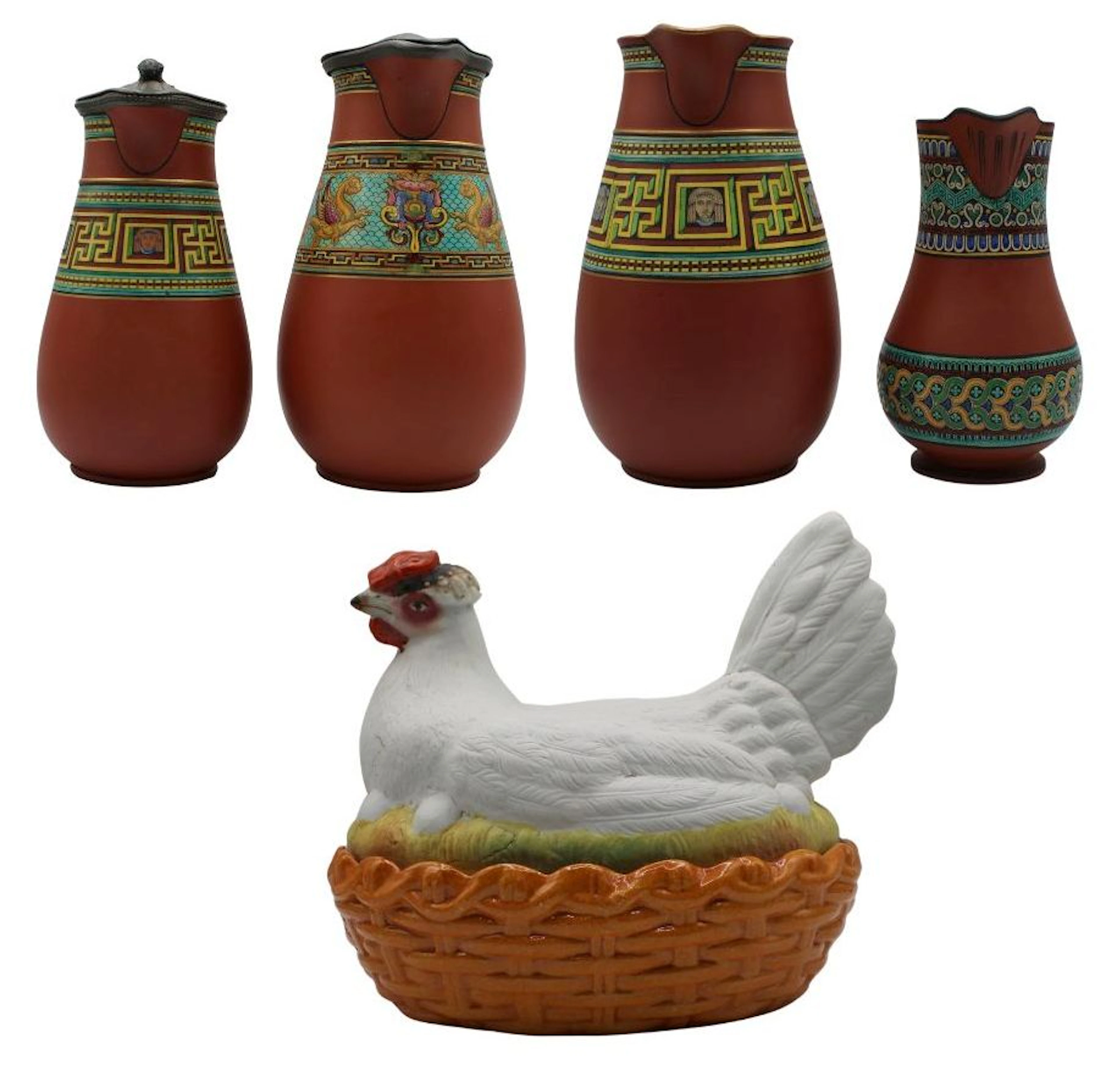 (4) Watcombe Pottery Jugs and (1) Hen and Nest