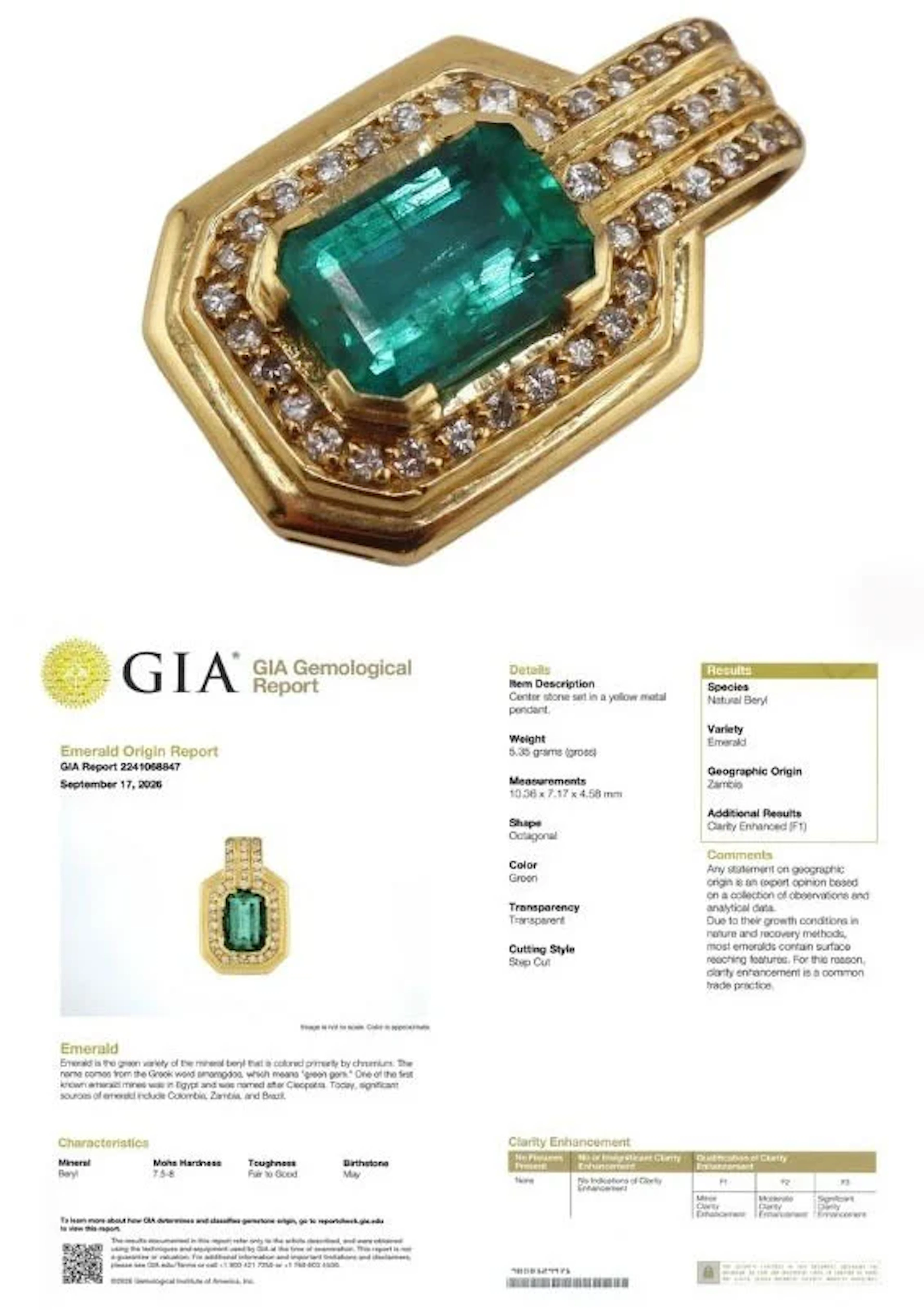 JEWELRY. H. Stern GIA F1 Zambian Emerald & Diamond
