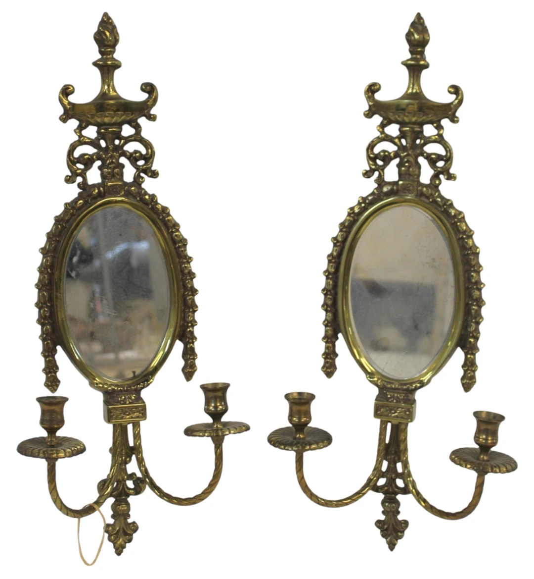 Antique Pair of Adams Style Brass Mirror Back