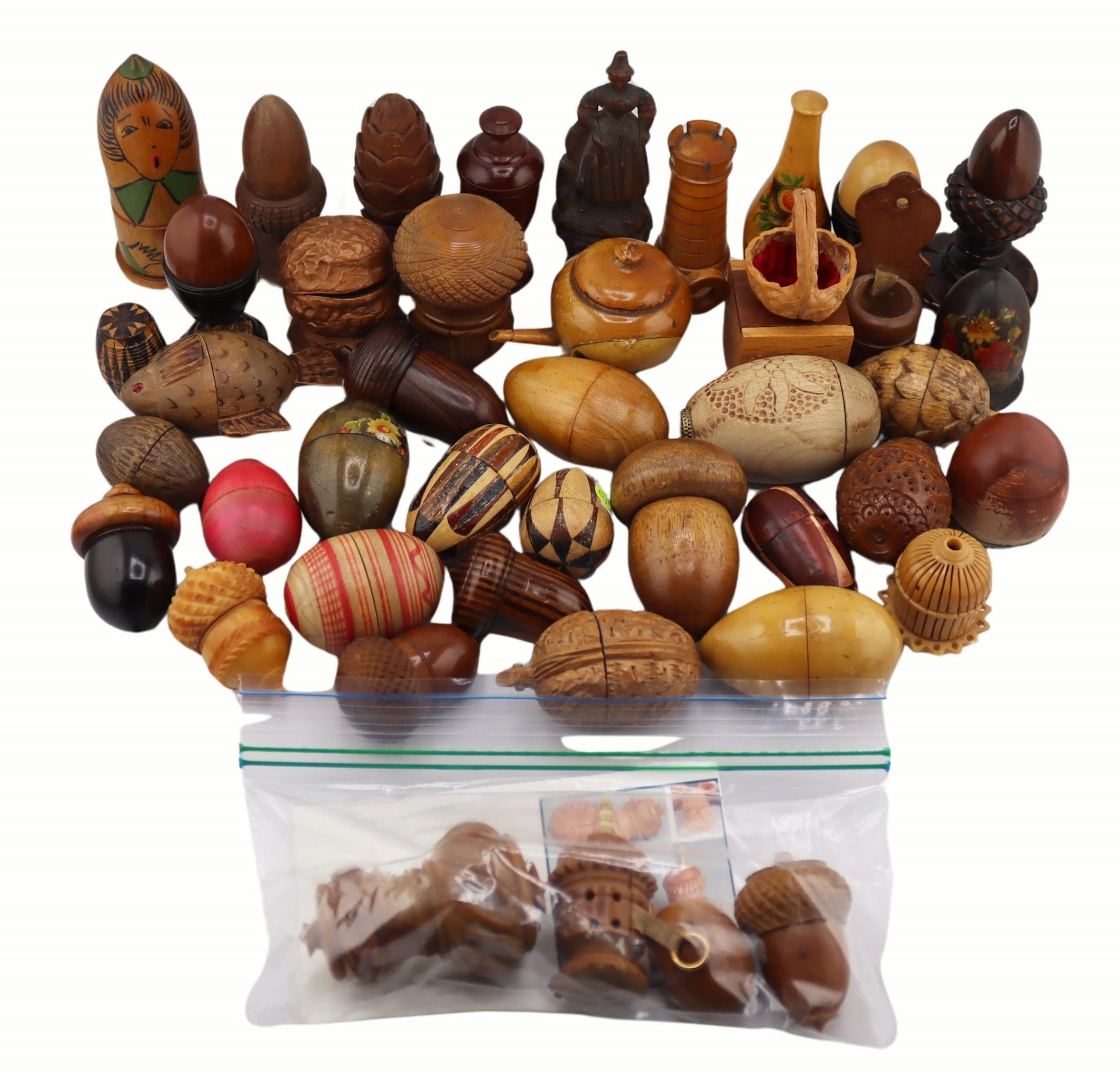 Assorted Wood, Porcelain, Vegetable, Carved Sewing