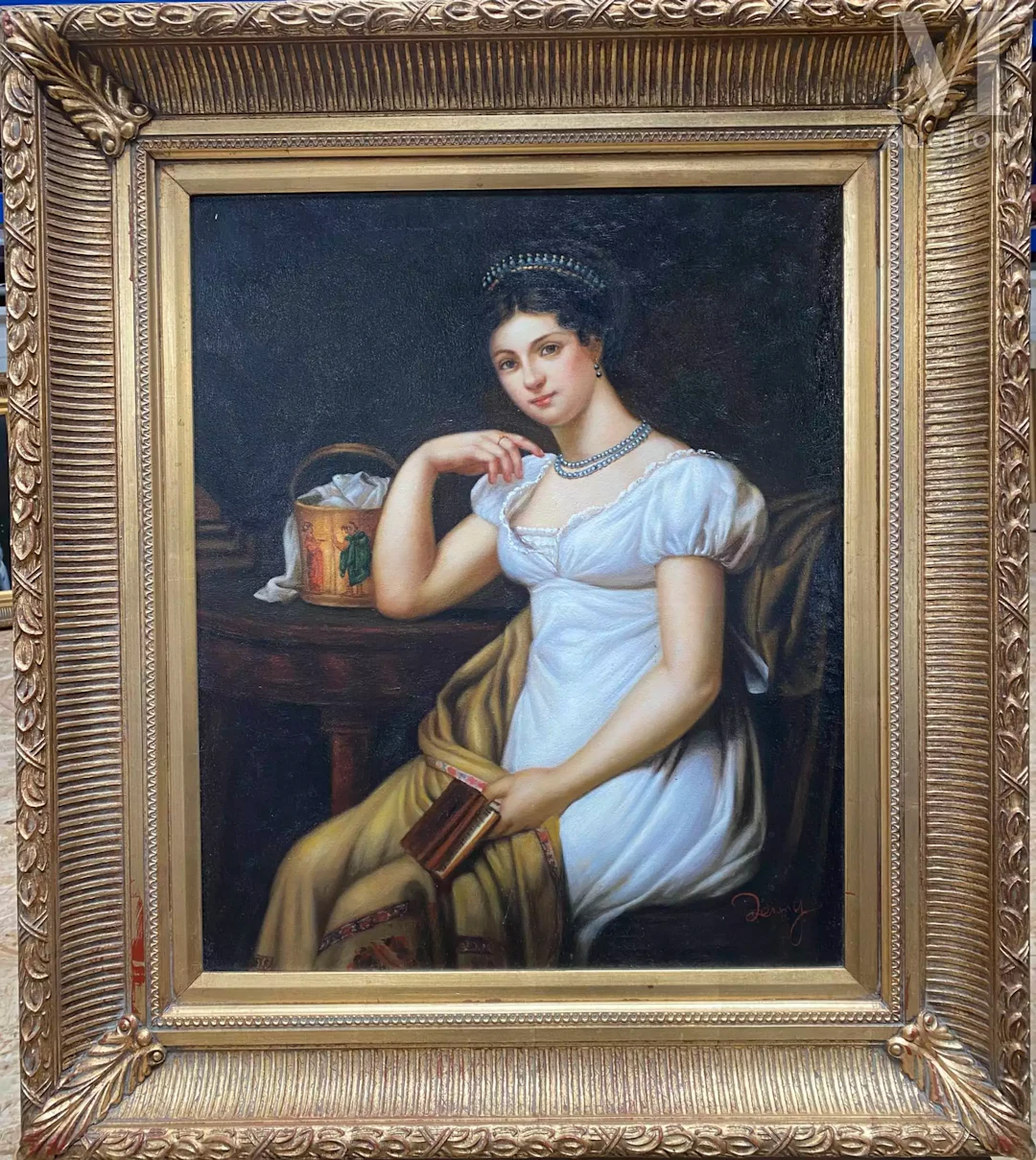 École MODERNE, dans le goût de l'Empire Portrait de jeune femme au panier