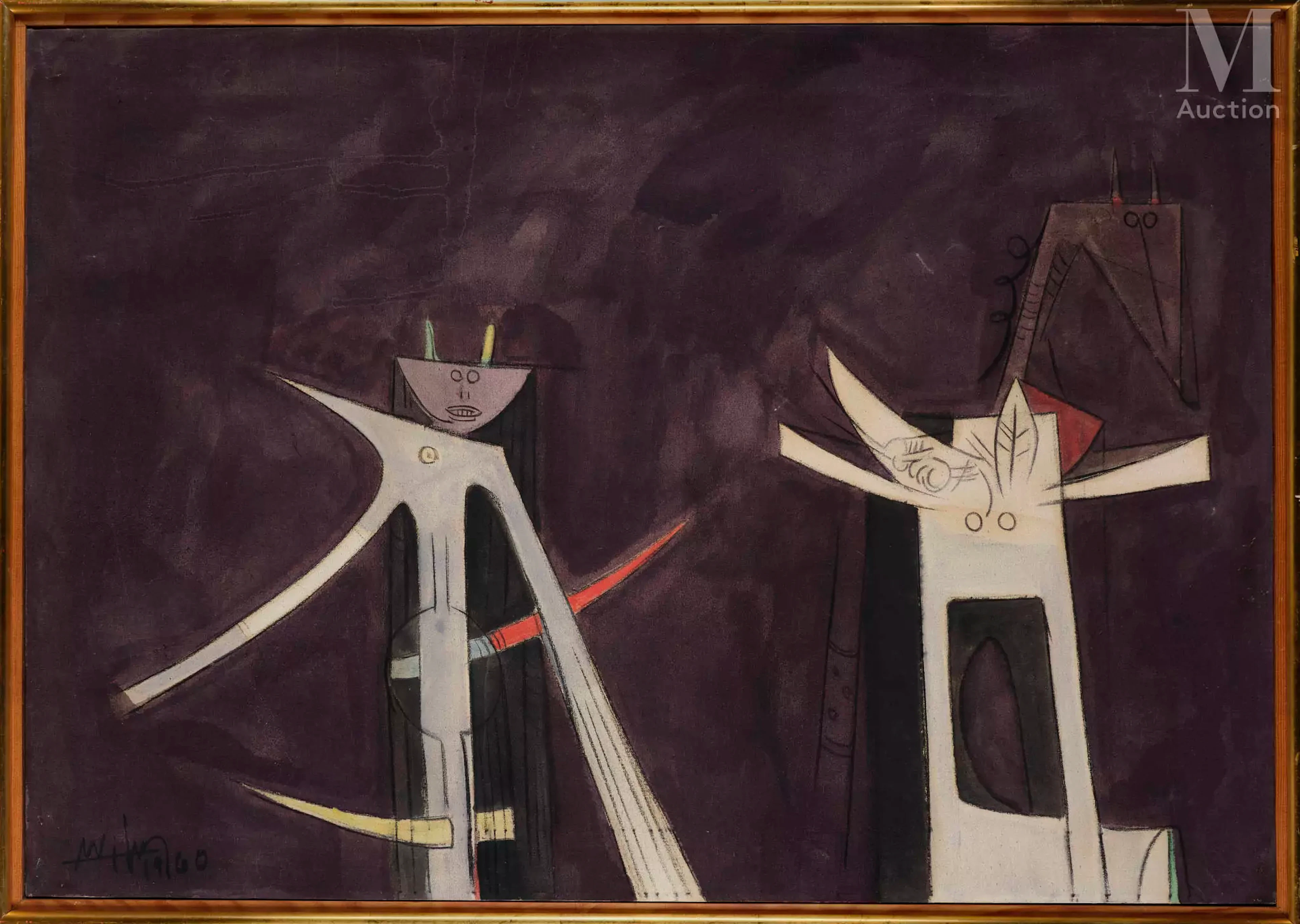 Wifredo LAM (1902-1982) Fond mauve et figures blanches, 1960