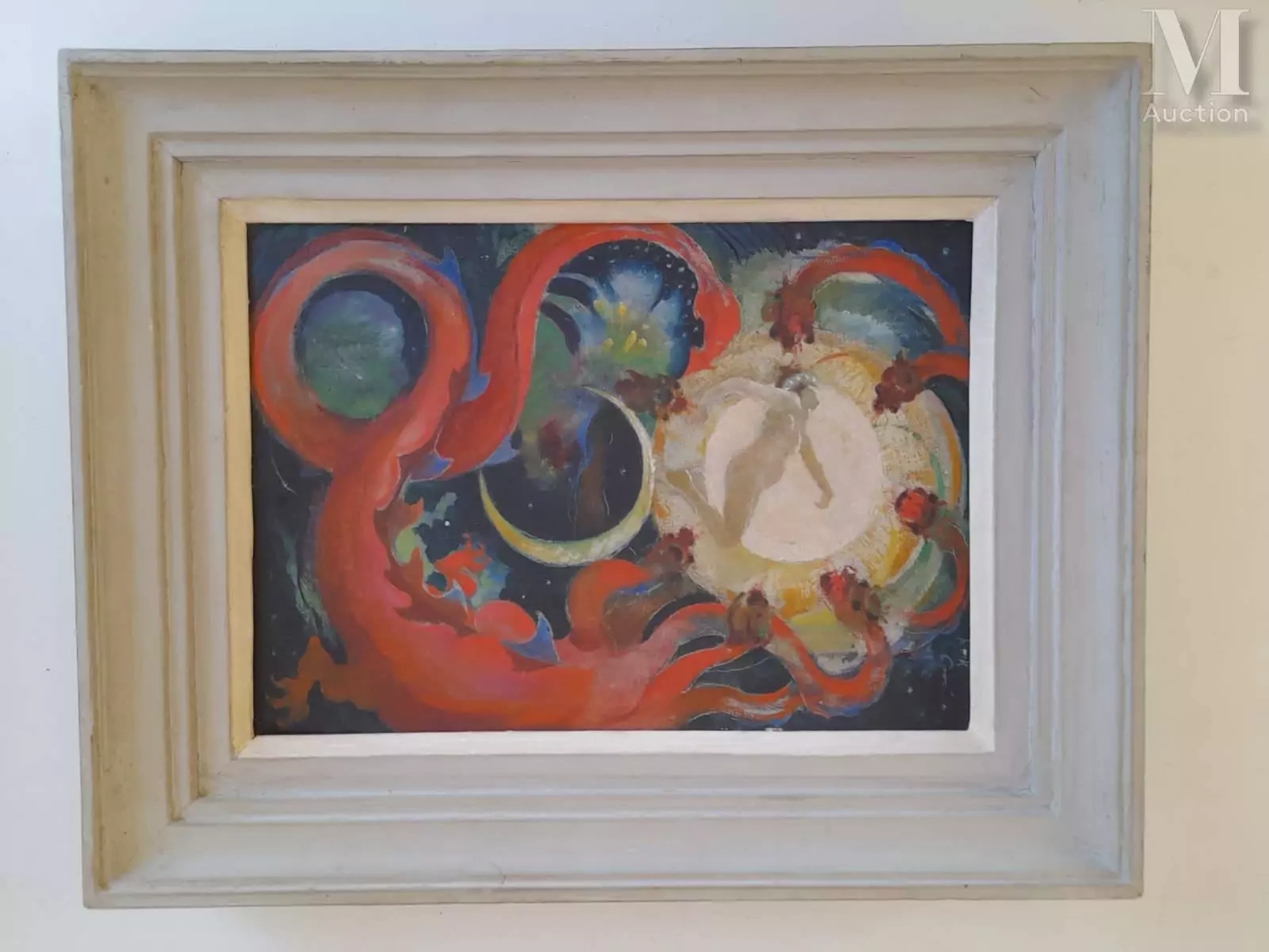 Ecole futuriste : Huile sur toile "Croissant de lune et femme nue"