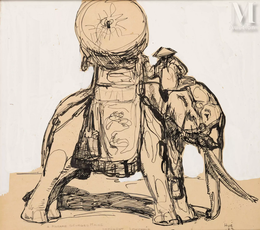 Ⓟ PAUL JOUVE (1878-1973) "Éléphant et son cornac à Hué", 1923