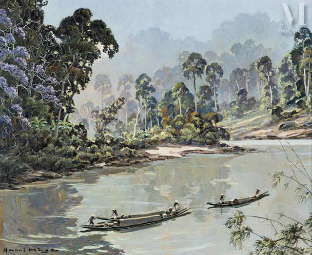 Ⓟ ƒ HENRI MÈGE (1904-1984) "Barques sur la rivière au Vietnam"
