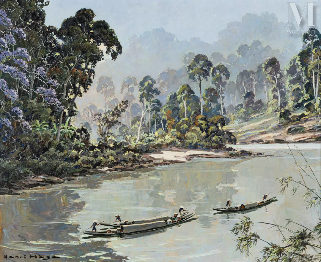Ⓟ ƒ HENRI MÈGE (1904-1984) "Barques sur la rivière au Vietnam"