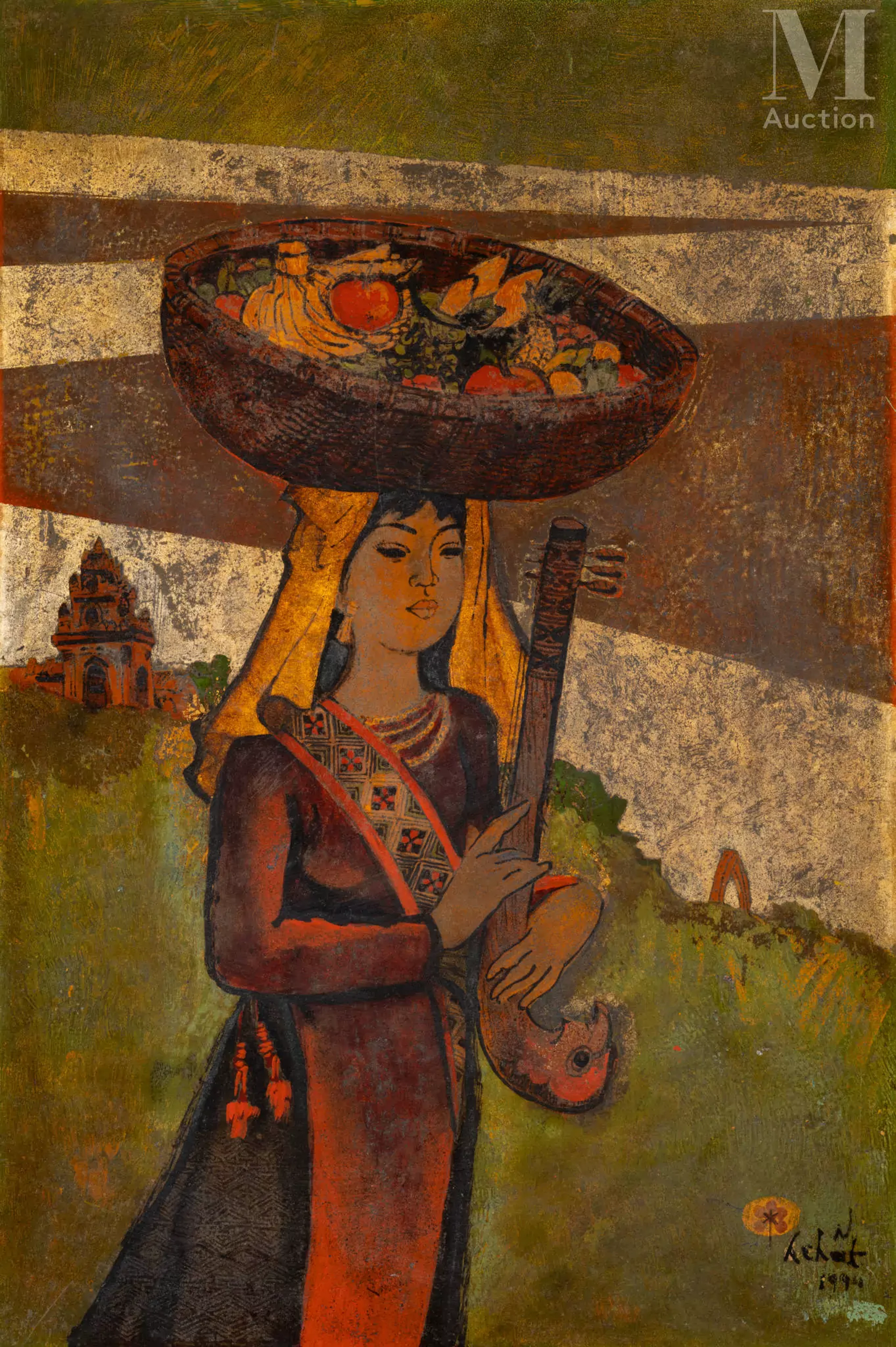 Ⓟ TRAN HUU CHAT (1933-2018) "La porteuse de fruits", 1994