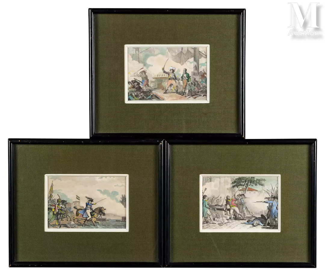 Trois gravures thème combat, abordage…