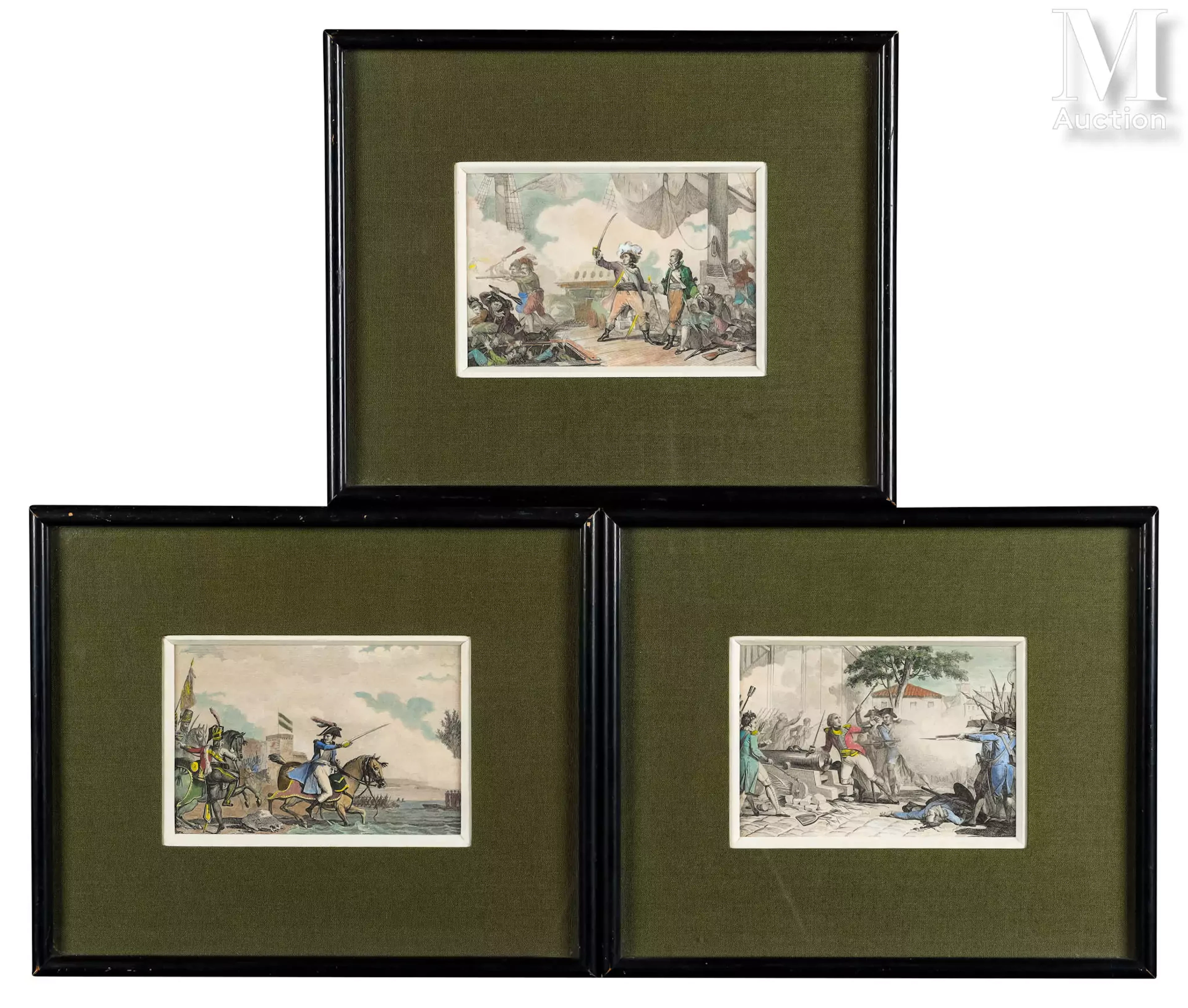 Trois gravures thème combat, abordage…