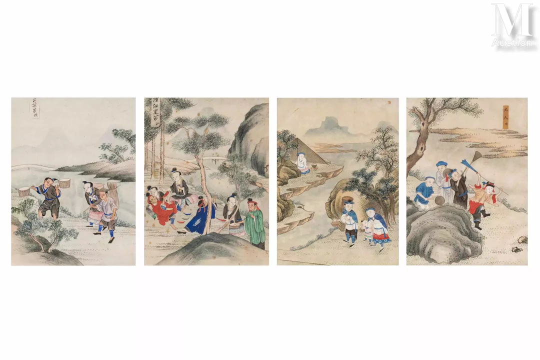 CHINE, XIXe siècle Ensemble de quatre peintures