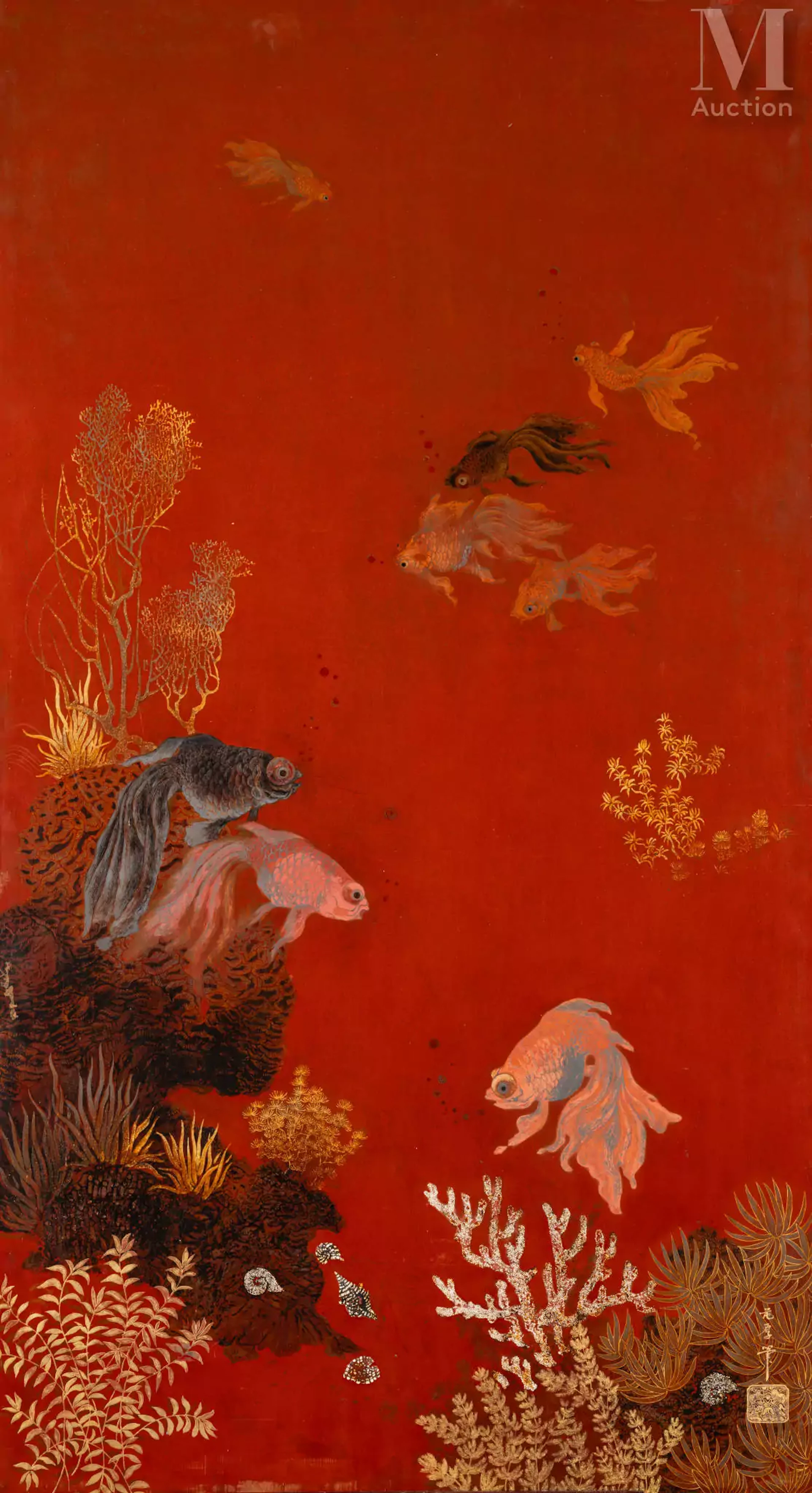 Ⓟ PHAM HAU (1903-1995) "Les poissons rouges avec l'abondance"