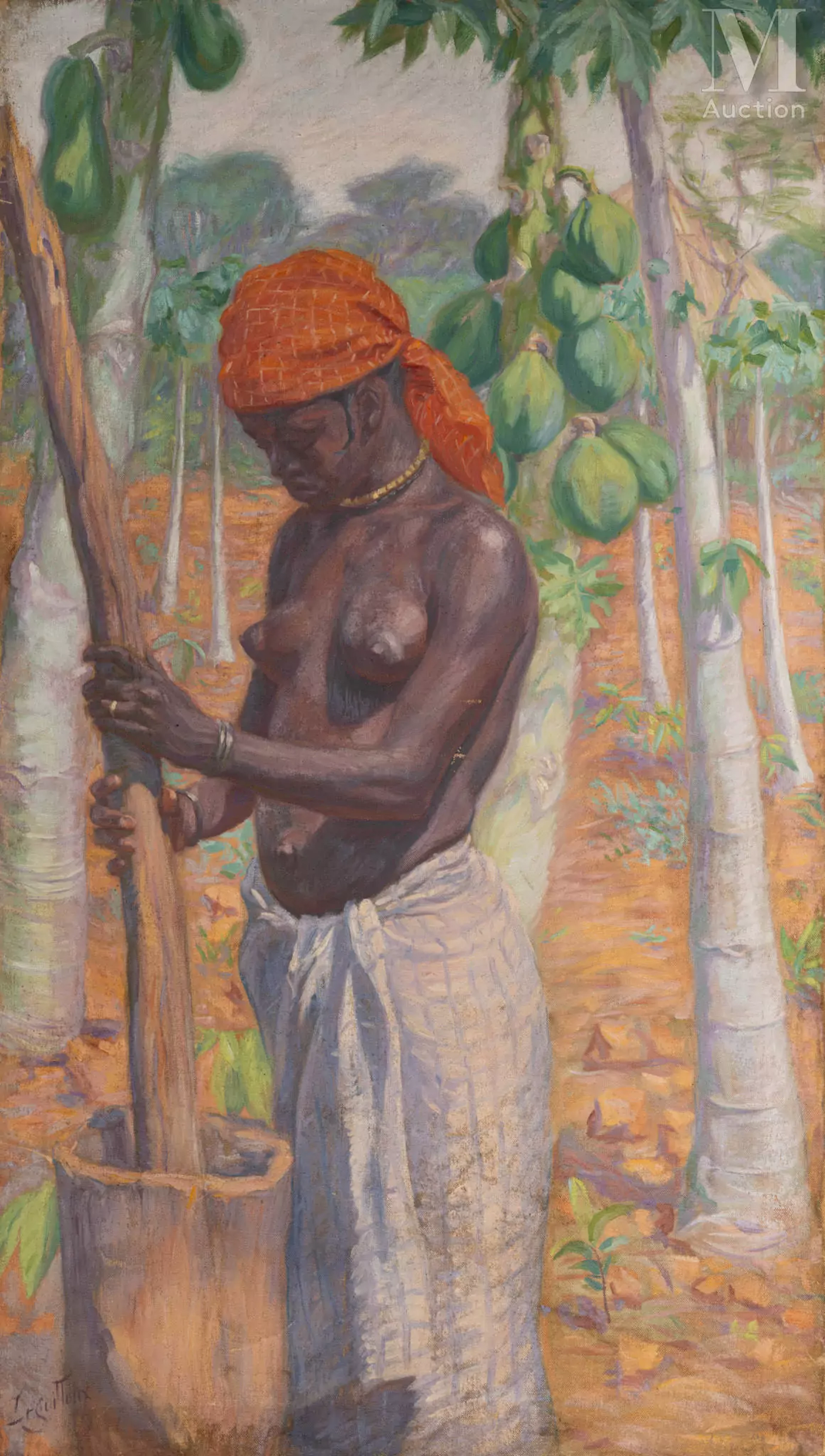 Raphaël-Léon LEGUILLOUX (Nantes 1871 - Nice 1938) Femme pilant le mil