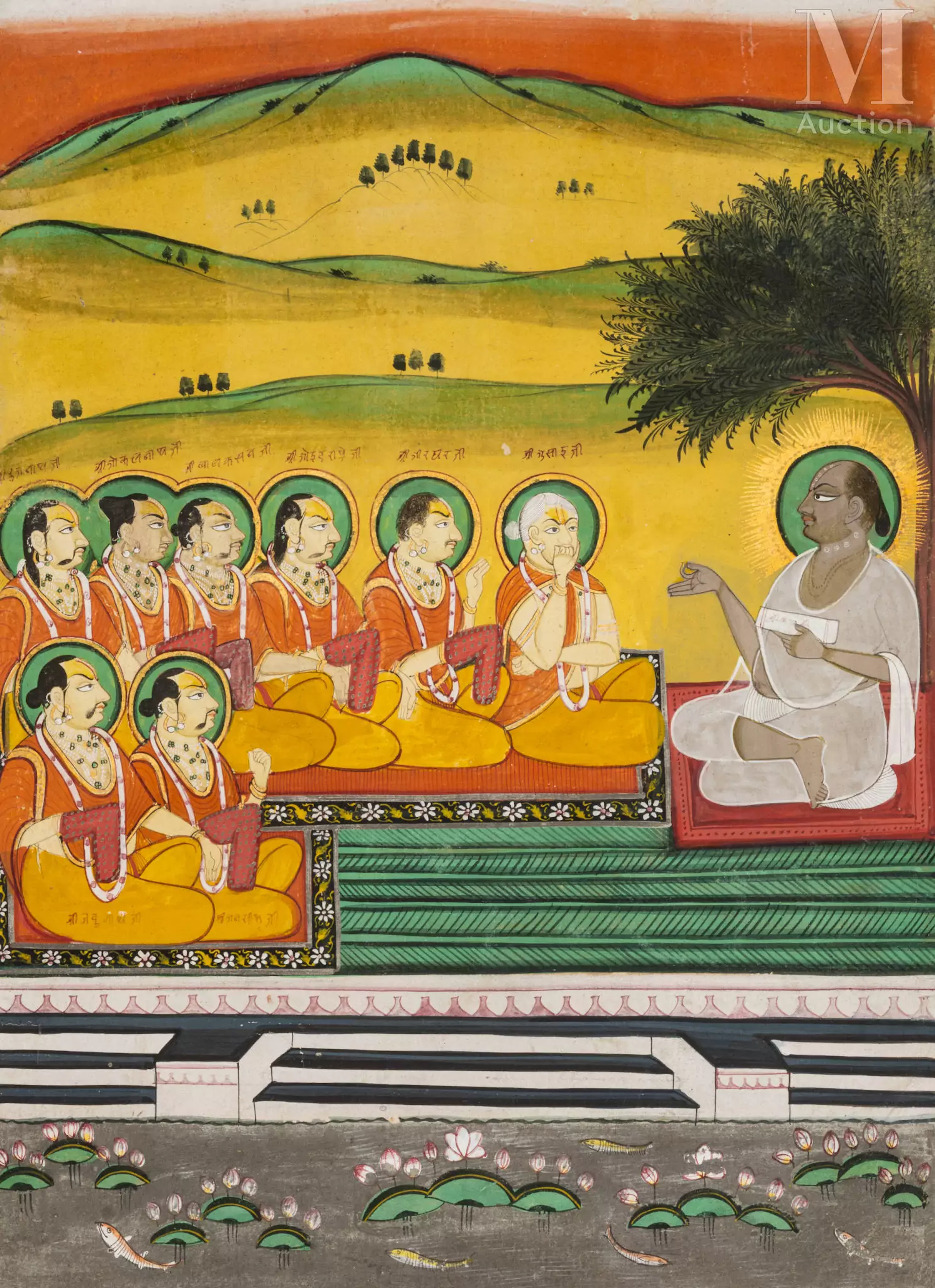Huit nobles recevant l’enseignement d’un Vallabhacharya Inde, Rajasthan