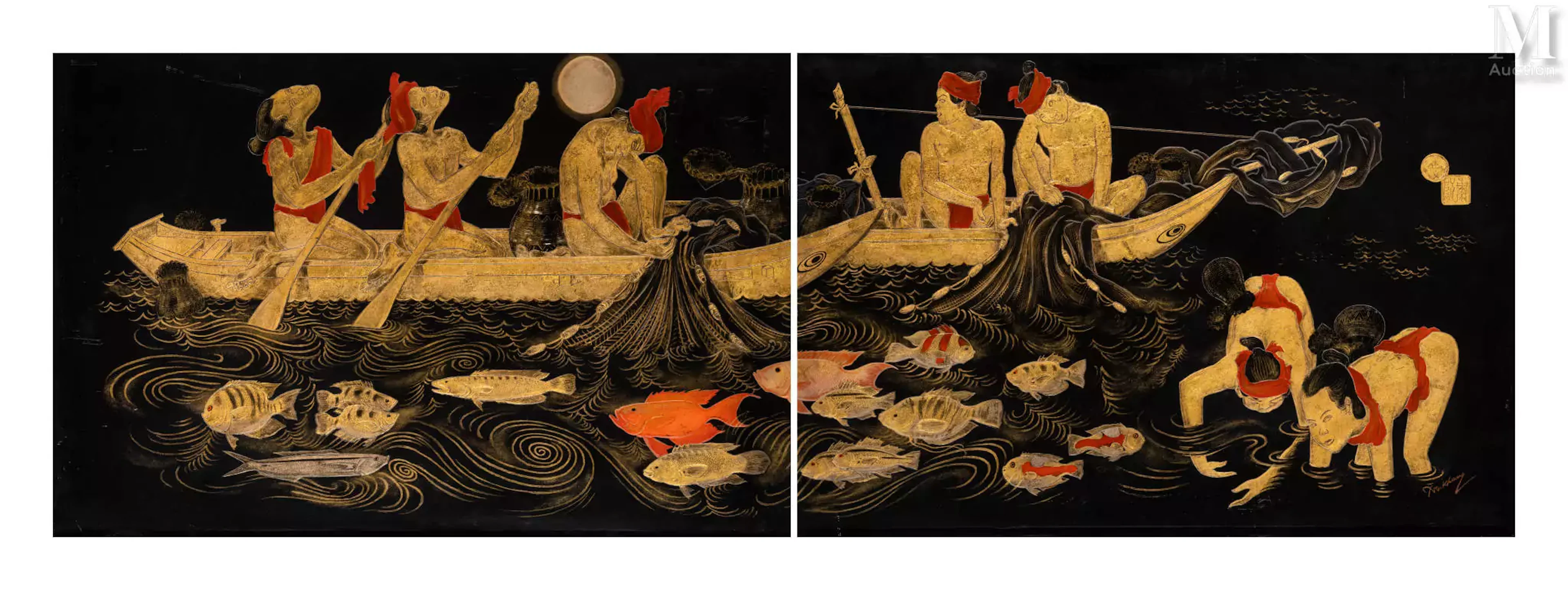Ⓟ NGUYEN KHANG (1911-1989) "Les pêcheurs au clair de lune"