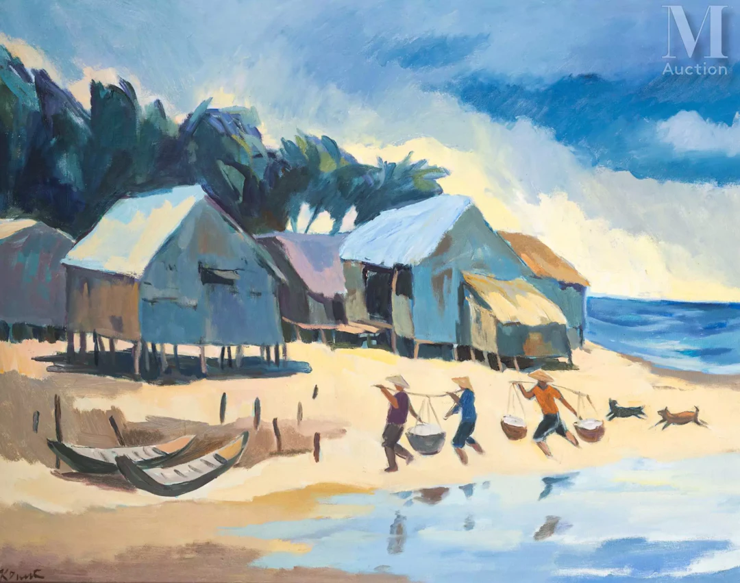 Ⓟ TA KIM DUNG (née en 1945) "Pêcheurs en bord de mer"