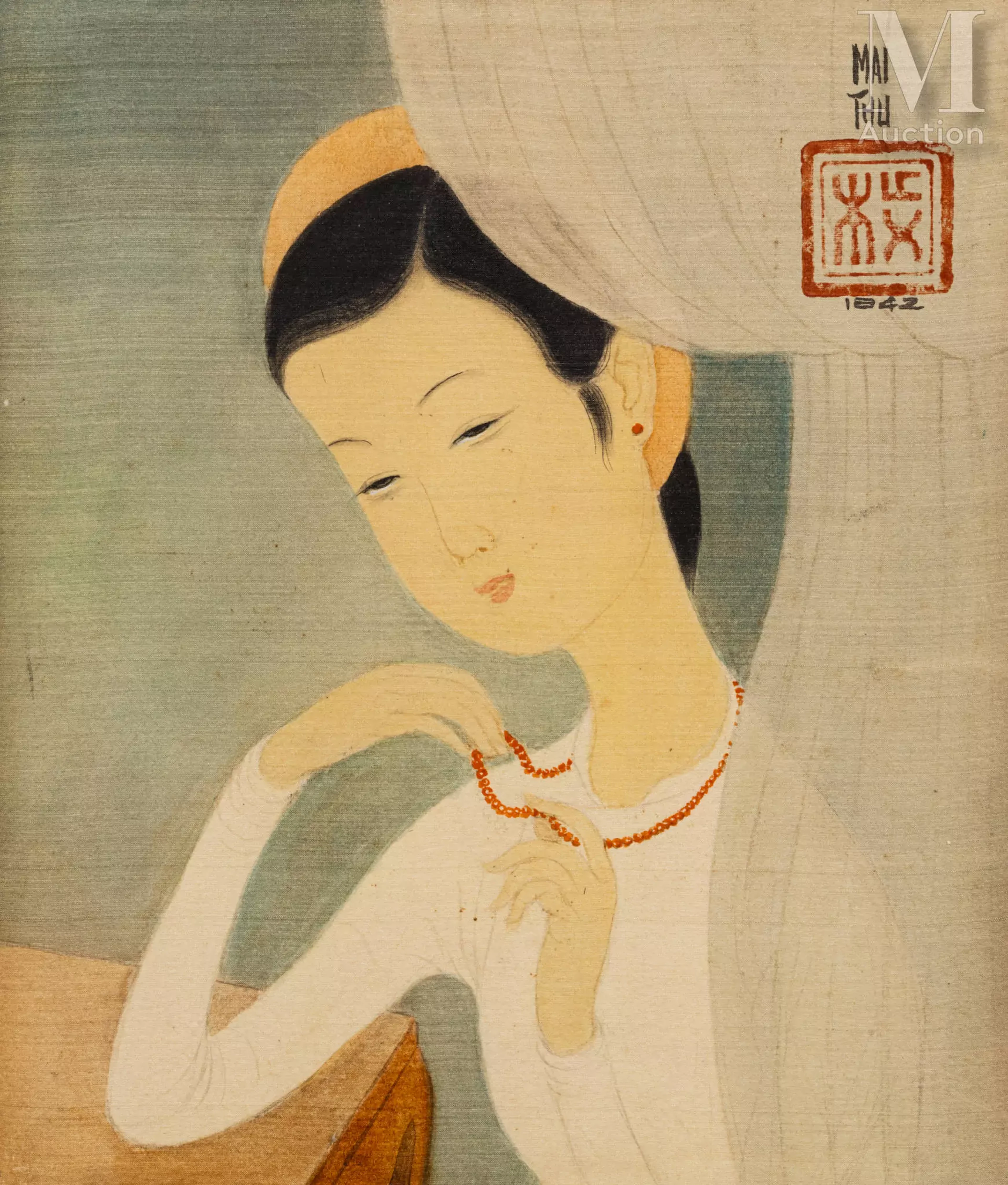 Ⓟ MAI TRUNG THU (1906-1980) "Femme au collier rouge", 1942