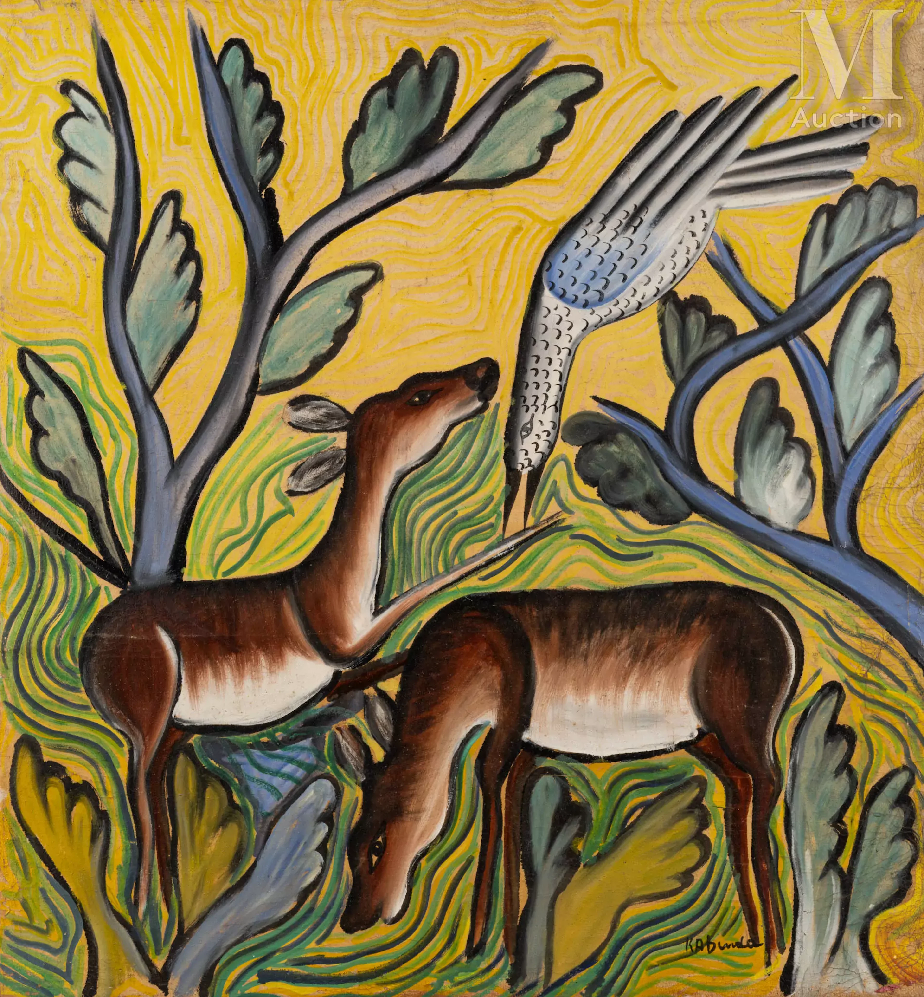 Kabinda Kunkulu VICTOR (Kinda, né en 1927) Gazelles et oiseaux