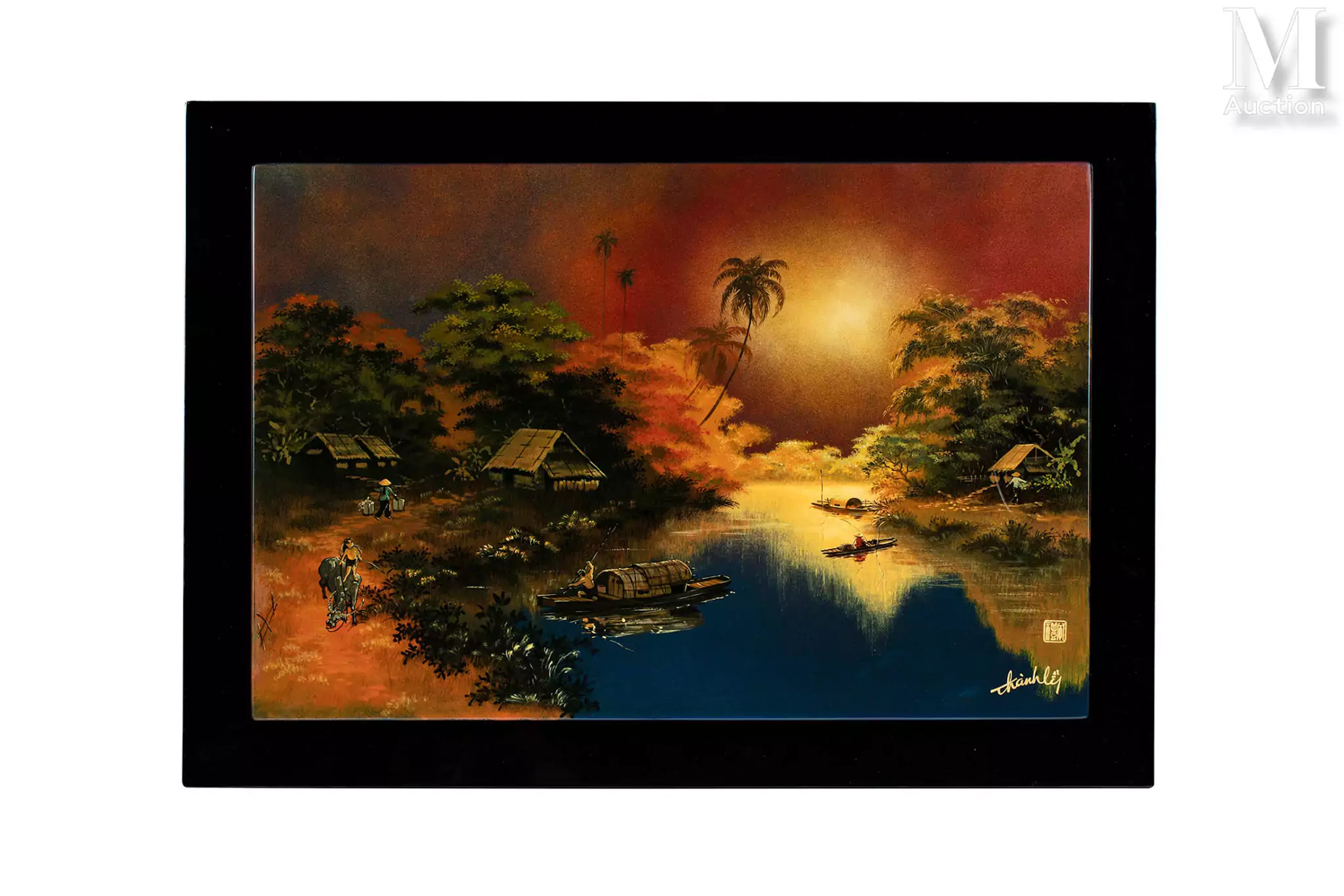 VIETNAM, Atelier de Thanh Le, XXe siècle "Village aux abords d’une rivière"