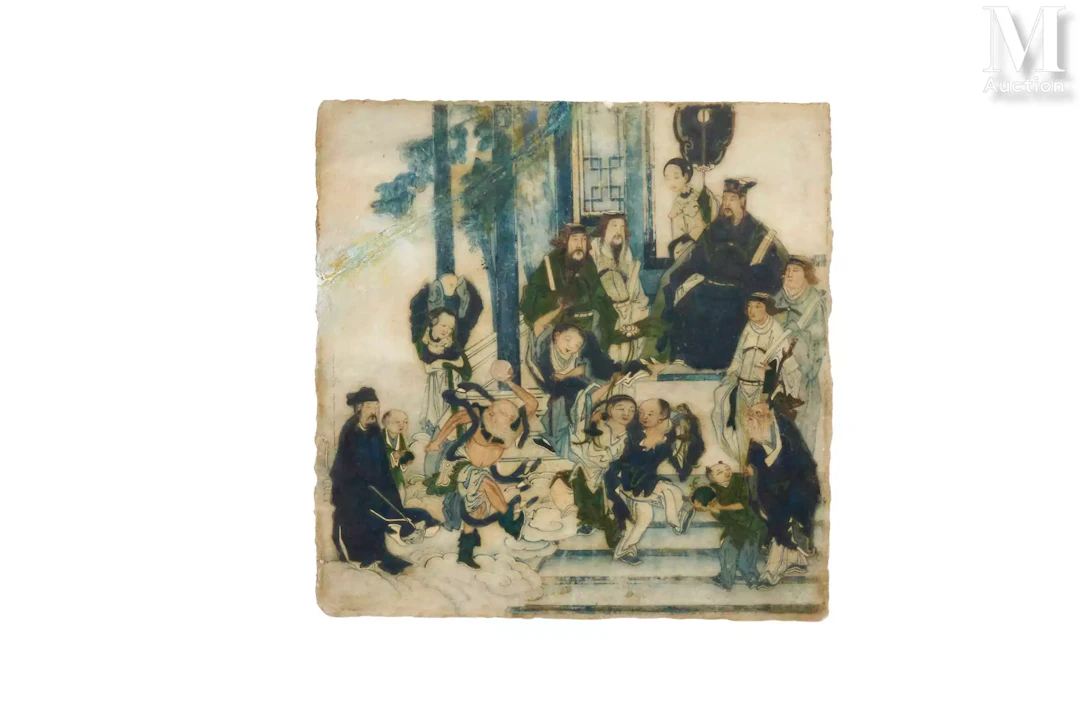CHINE, fin du XIXe siècle Plaque décorative en marbre peint