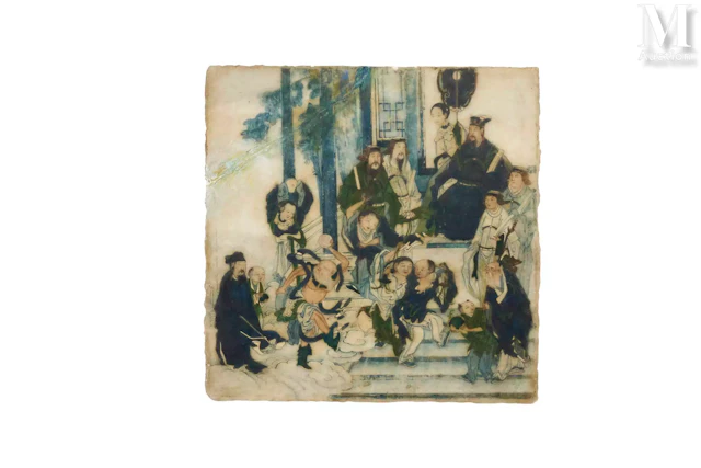 CHINE, fin du XIXe siècle Plaque décorative en marbre peint