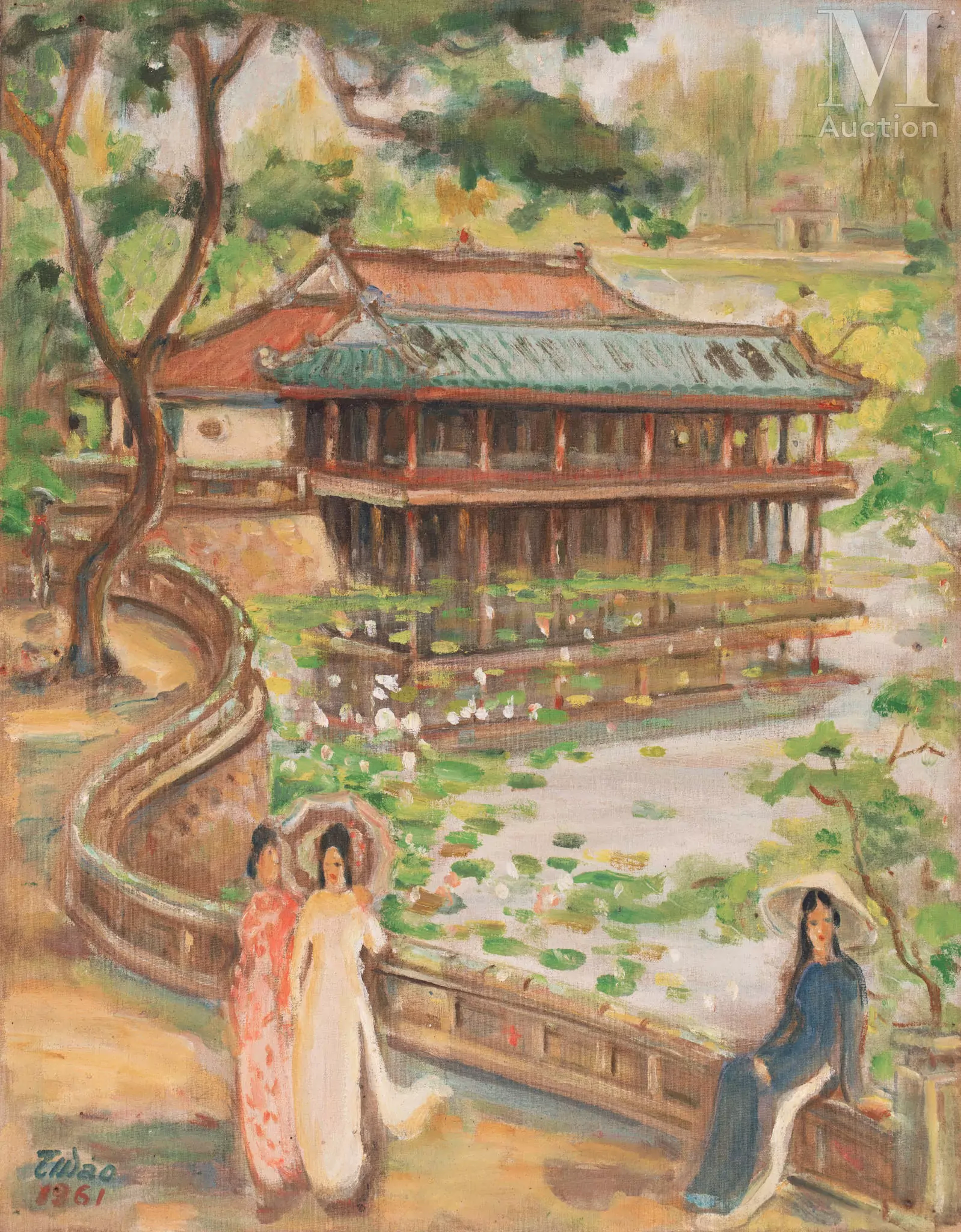 Ⓗ TON THAT DAO (1910 - 1979) "Promenade au bord du lac aux lotus de