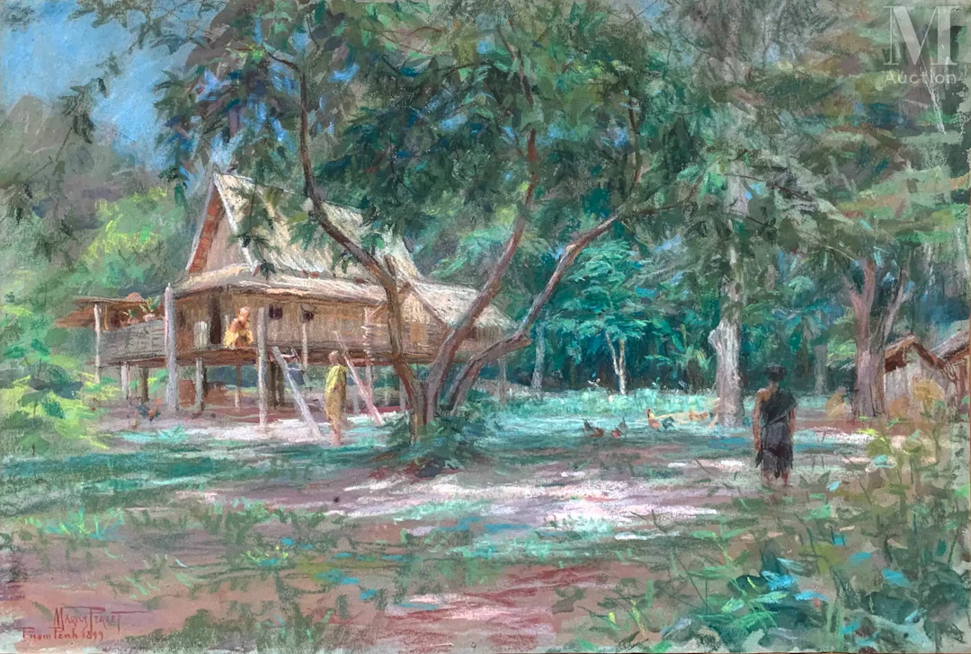 Ⓟ MARIUS PERRET(1853-1900) "Bonzerie à Phnom Penh", 1899