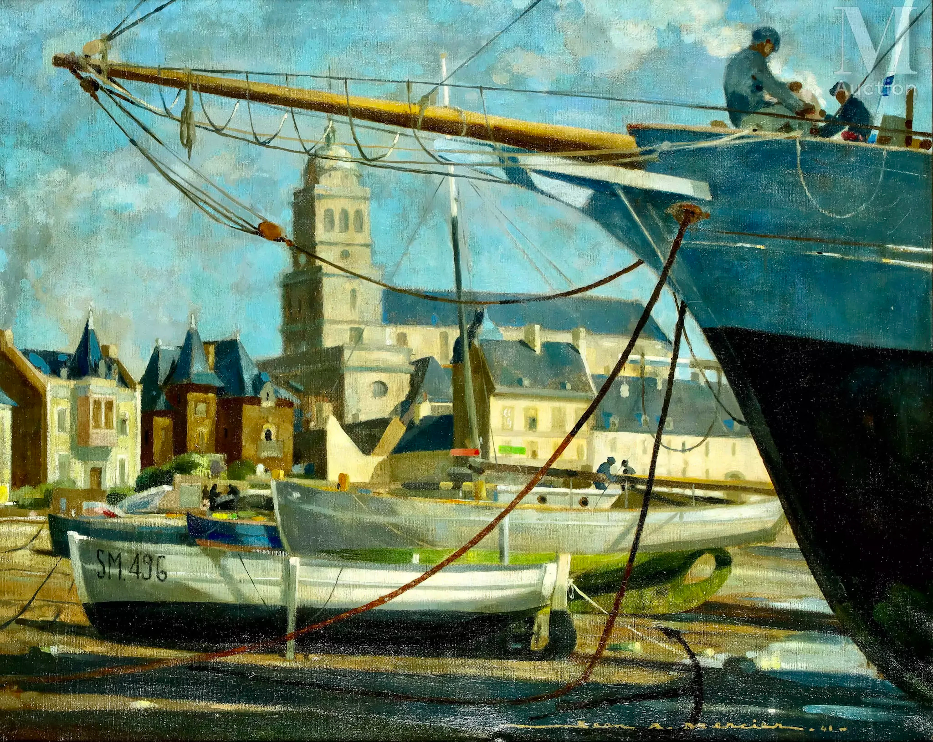 Jean Adrien MERCIER (1899-1995) Vue depuis le port sur l'église de
