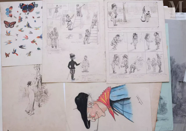 Ensemble de quarante dessins, aquarelles ou gouaches