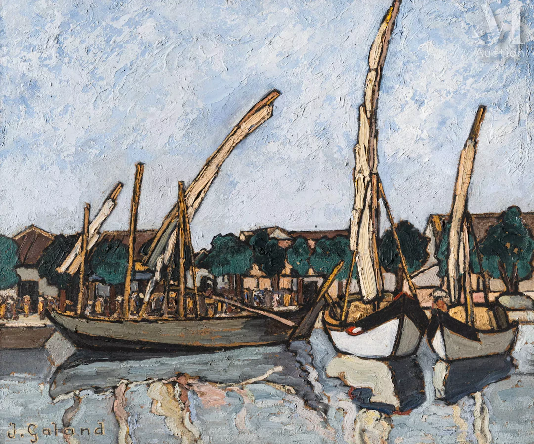 Ⓟ JULES GALAND (1869-1924) "Vue du quai au Vietnam"