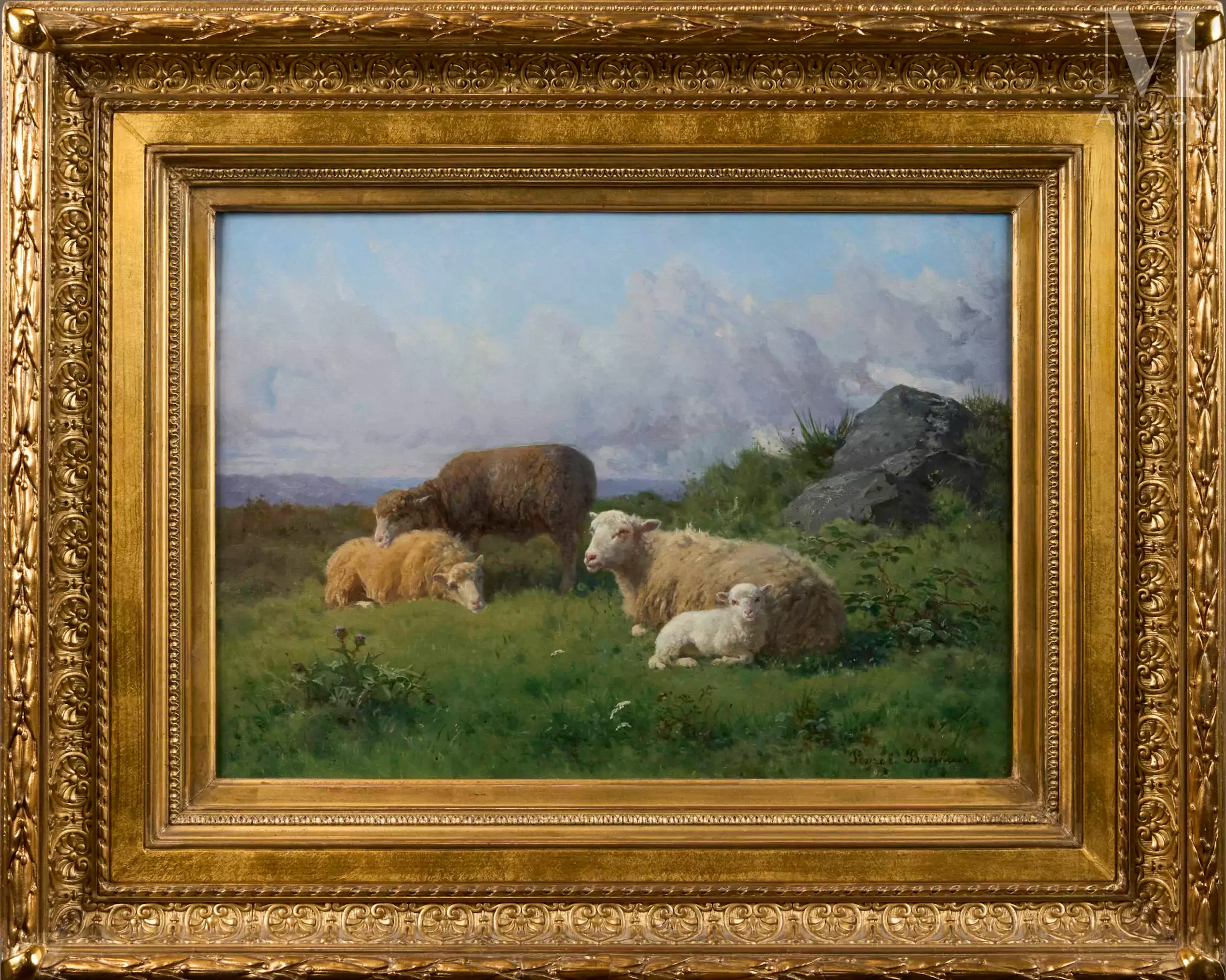 Juliette PEYROL BONHEUR (1930-1891) Moutons et agneau dans un pré