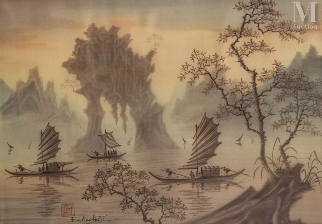 Ⓟ BUI HUY HIEU (1937-2006) "Pêcheurs dans la baie"