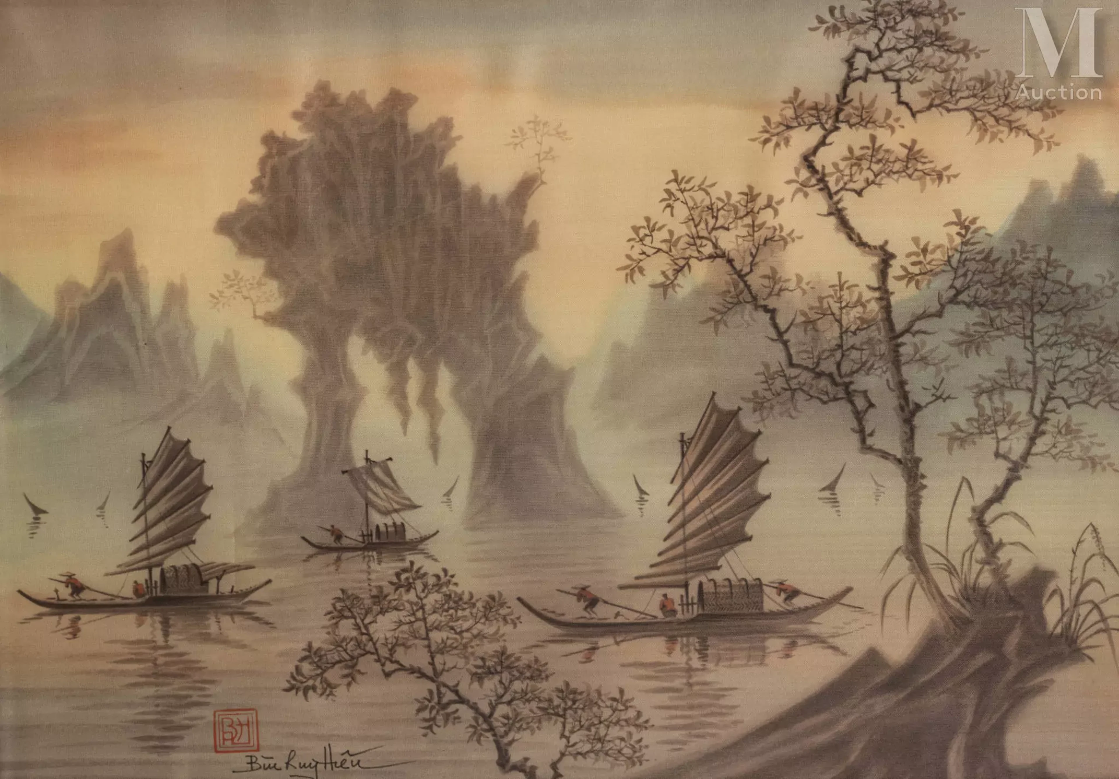 Ⓟ BUI HUY HIEU (1937-2006) "Pêcheurs dans la baie"