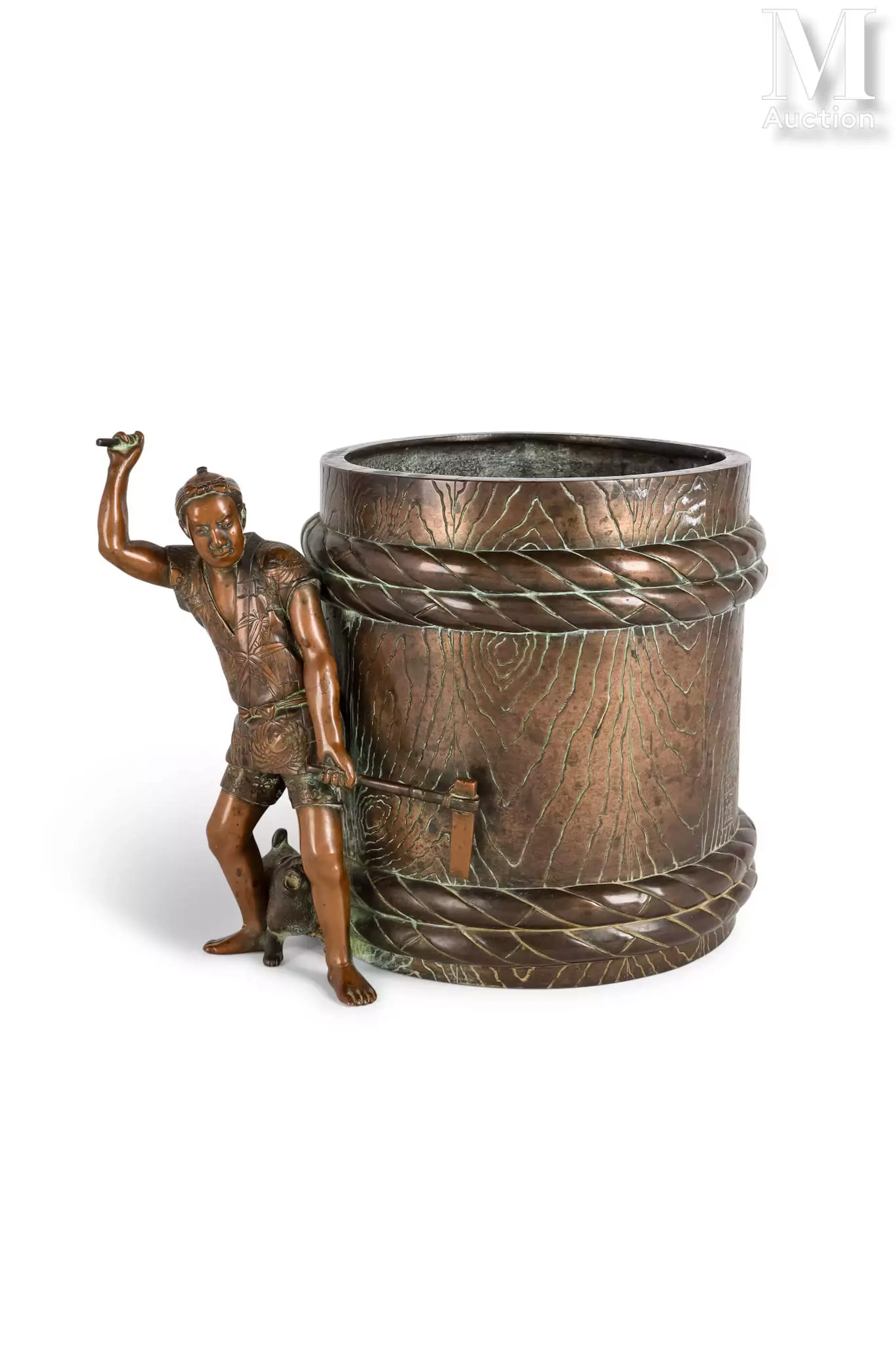 ƒ JAPON, Epoque Meiji Rare pot ou brasero en bronze à patine brune