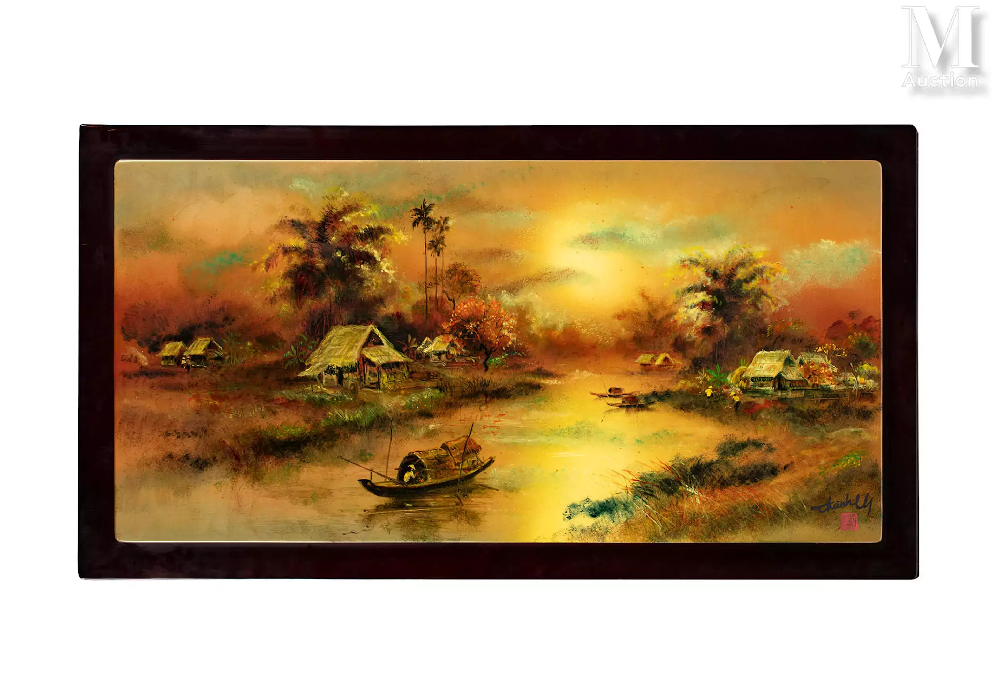 VIETNAM, Atelier de Thanh Le, XXe siècle "Sampan sur une rivière"