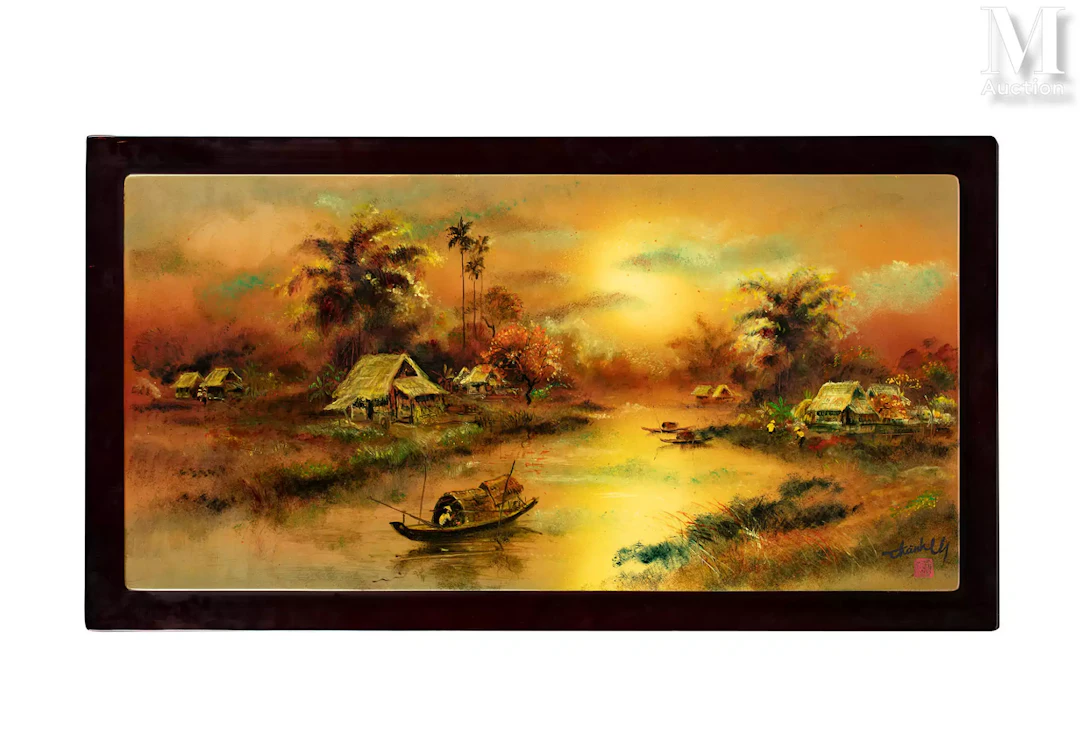 VIETNAM, Atelier de Thanh Le, XXe siècle "Sampan sur une rivière"